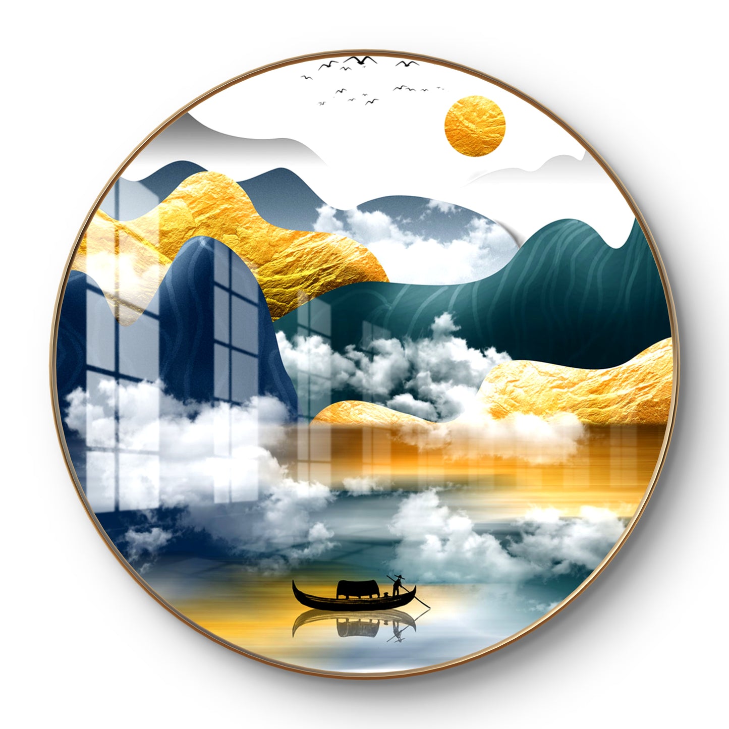Round yellow & blue mountains landscape crystal resin