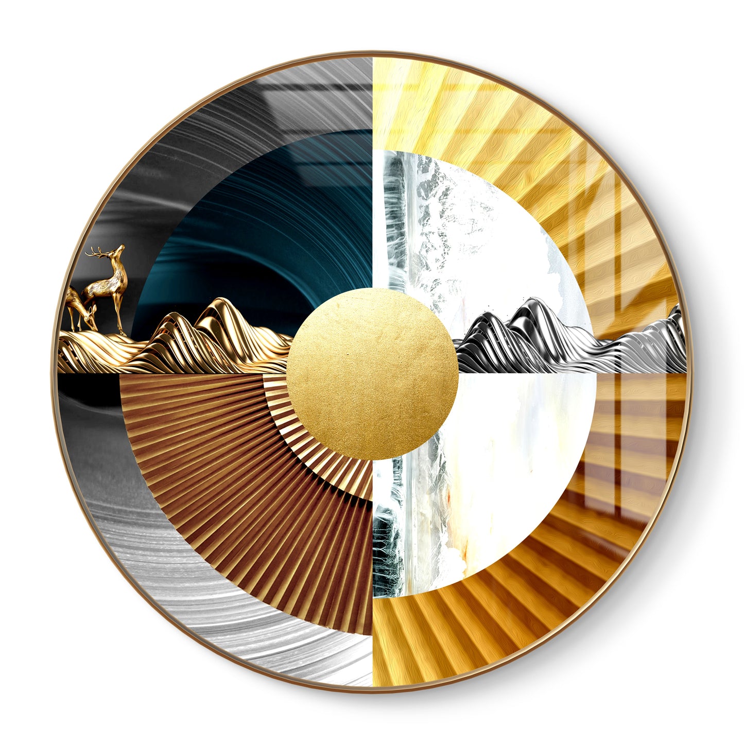 Round abstract spheres with golden deer crystal resin