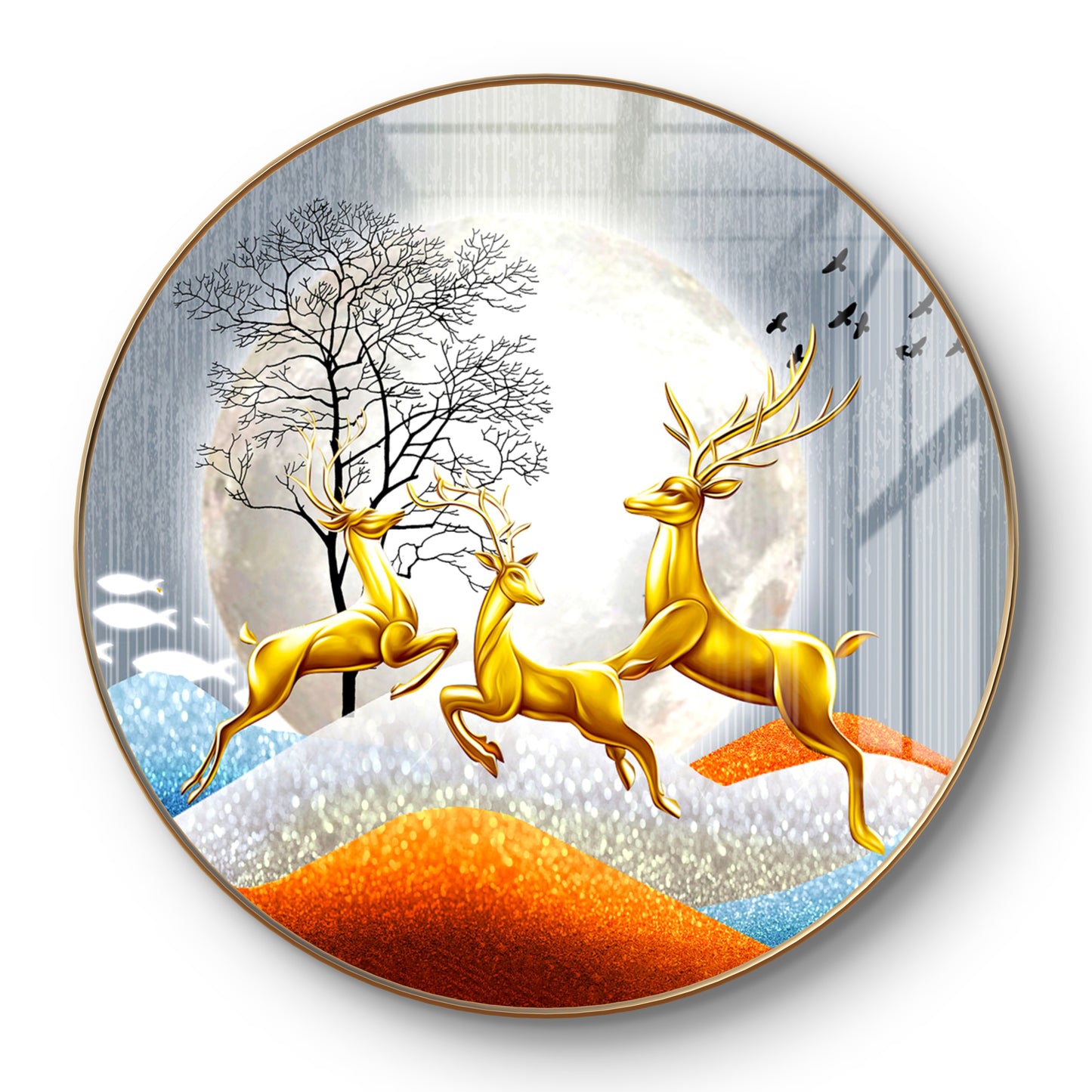 Round three 3D deer jumping to the sky crystal resin