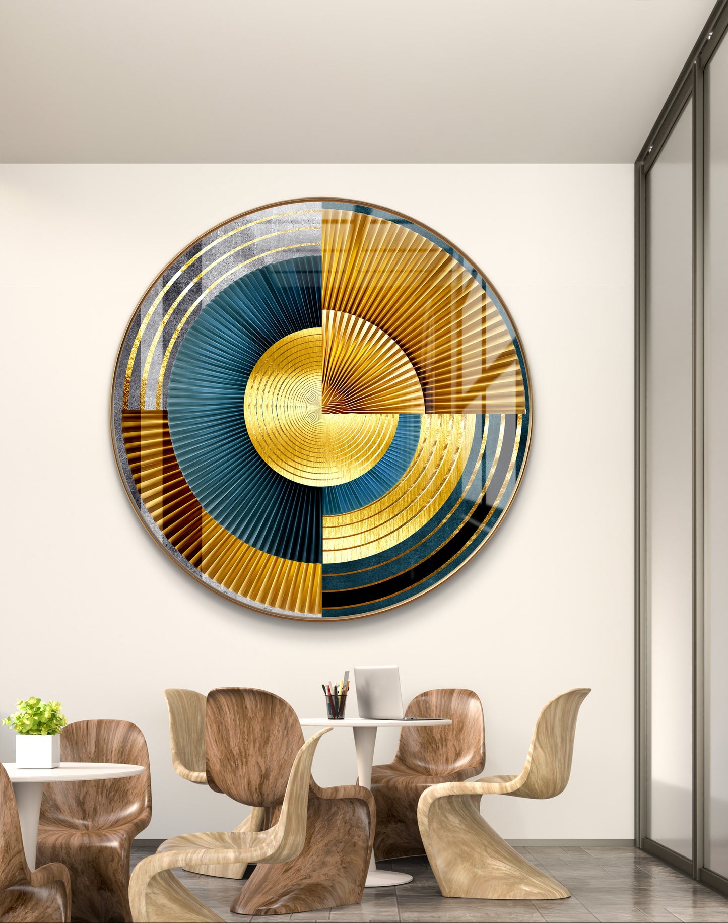 Round pizza cut golden & blue spheres abstract art crystal resin