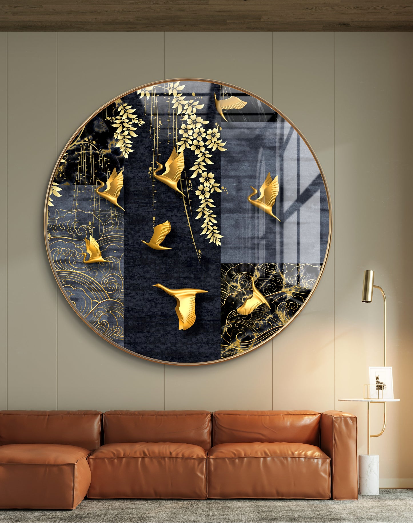 Round golden birds and leaves crystal resin
