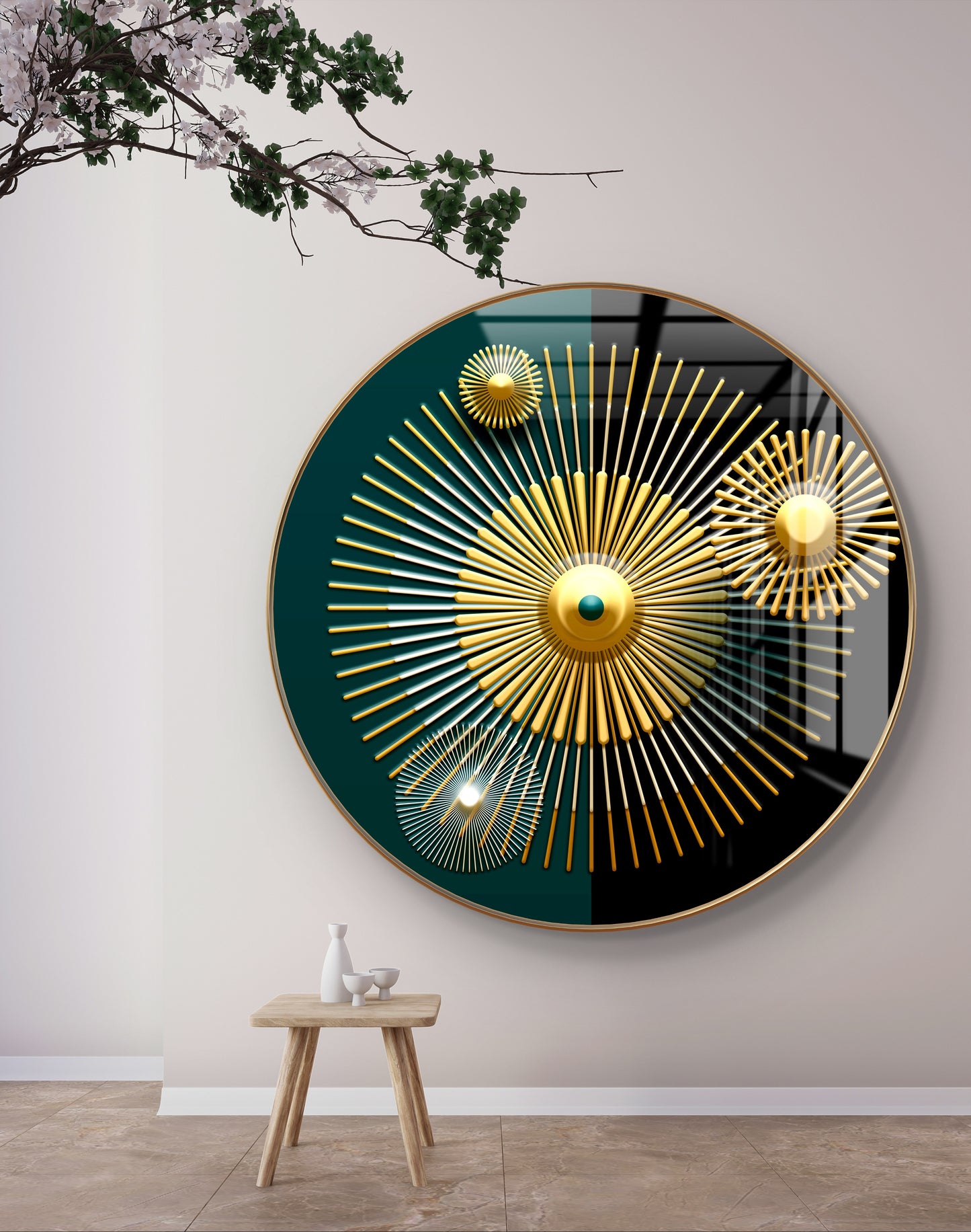 Round golden sphere lines abstract art crystal resin