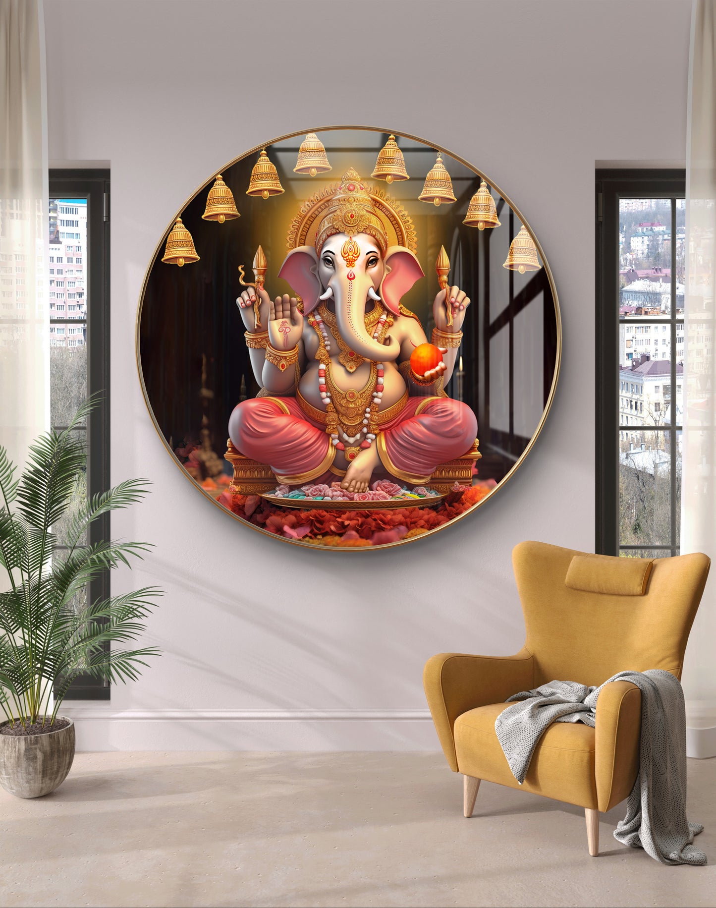 Round 3D ganpati statue with bells crystal resin