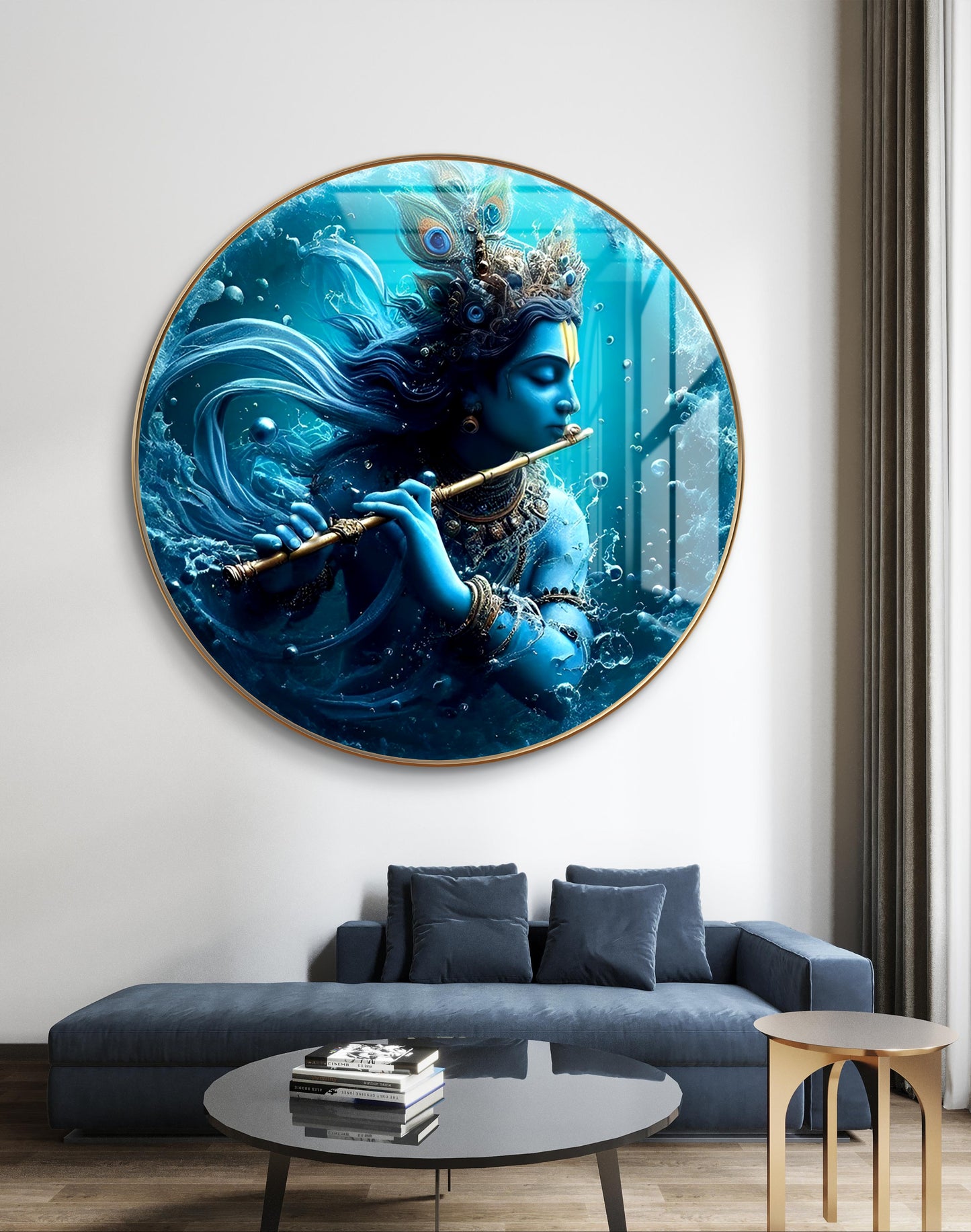 Round Krishna playing flute in ocean blue shades crystal resin