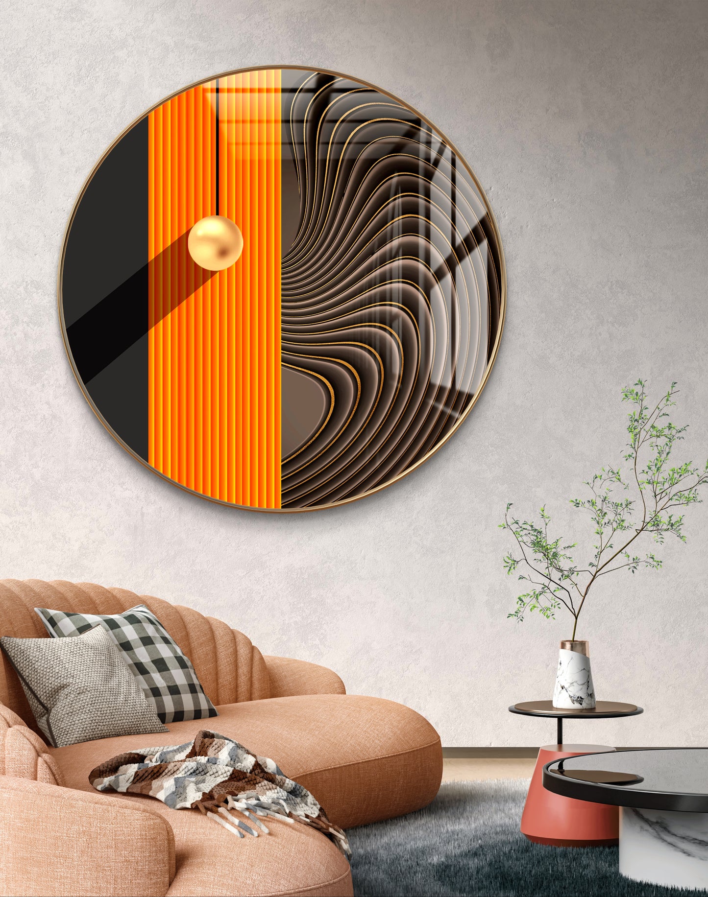 Round golden ball in orange & brown stripes background crystal resin