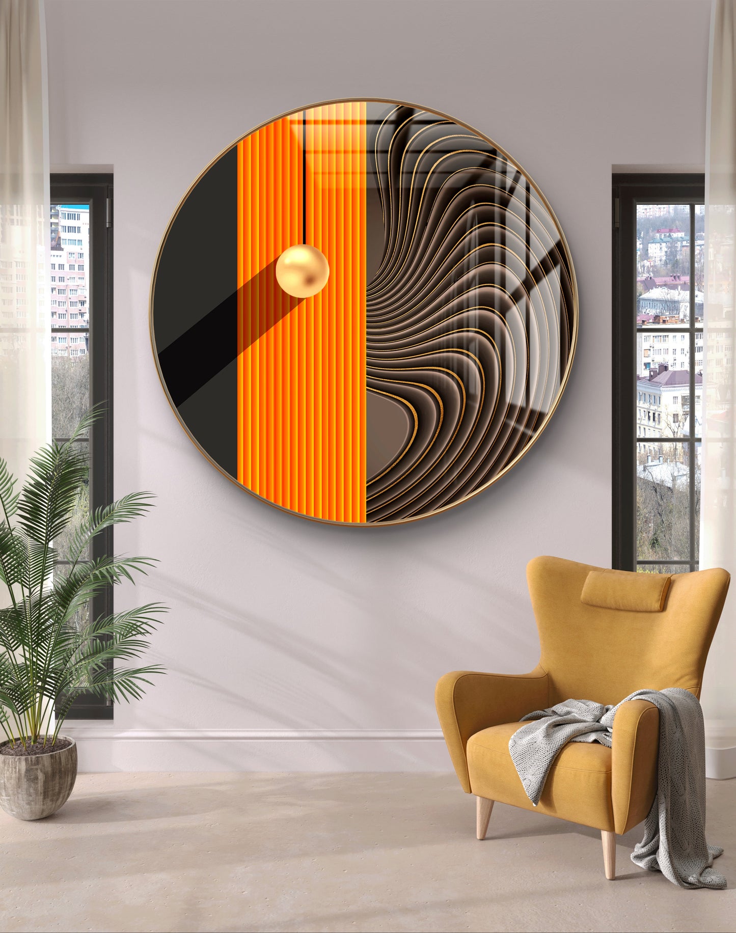Round golden ball in orange & brown stripes background crystal resin