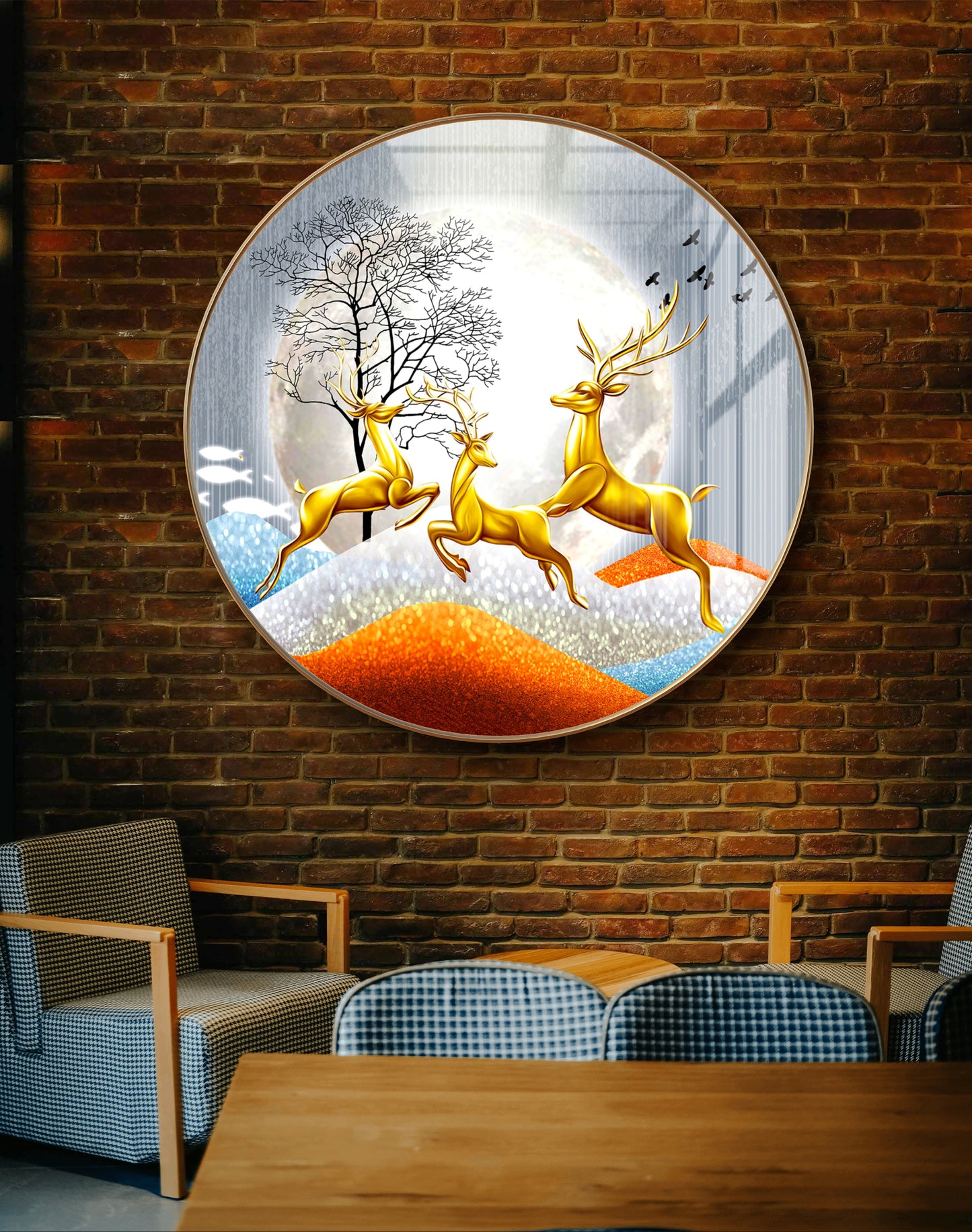 Round three 3D deer jumping to the sky crystal resin
