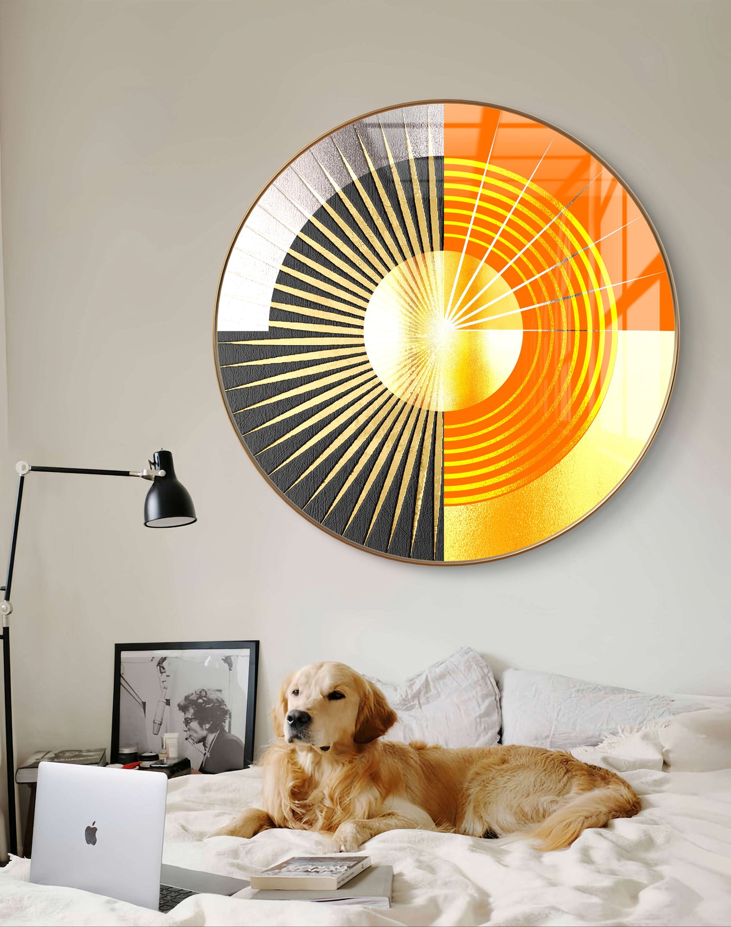 Round orange black & gold abstract crystal resin