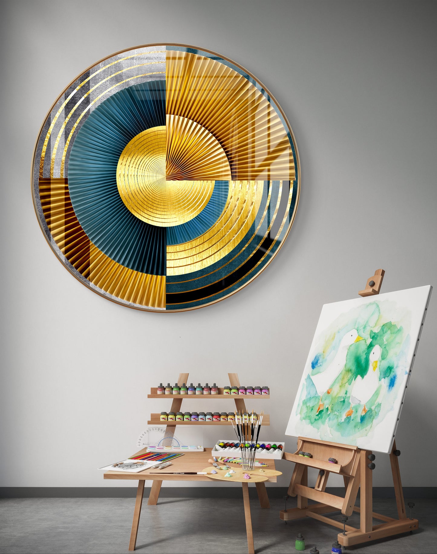 Round pizza cut golden & blue spheres abstract art crystal resin