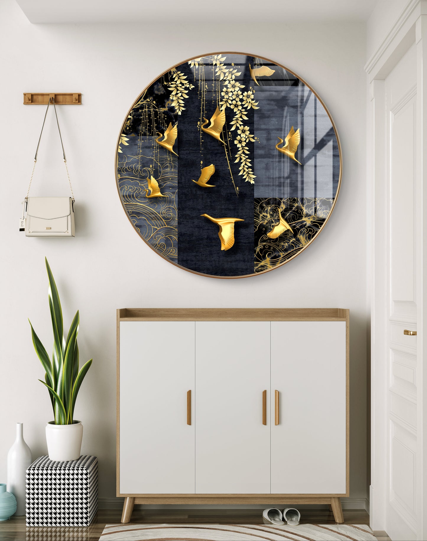 Round golden birds and leaves crystal resin