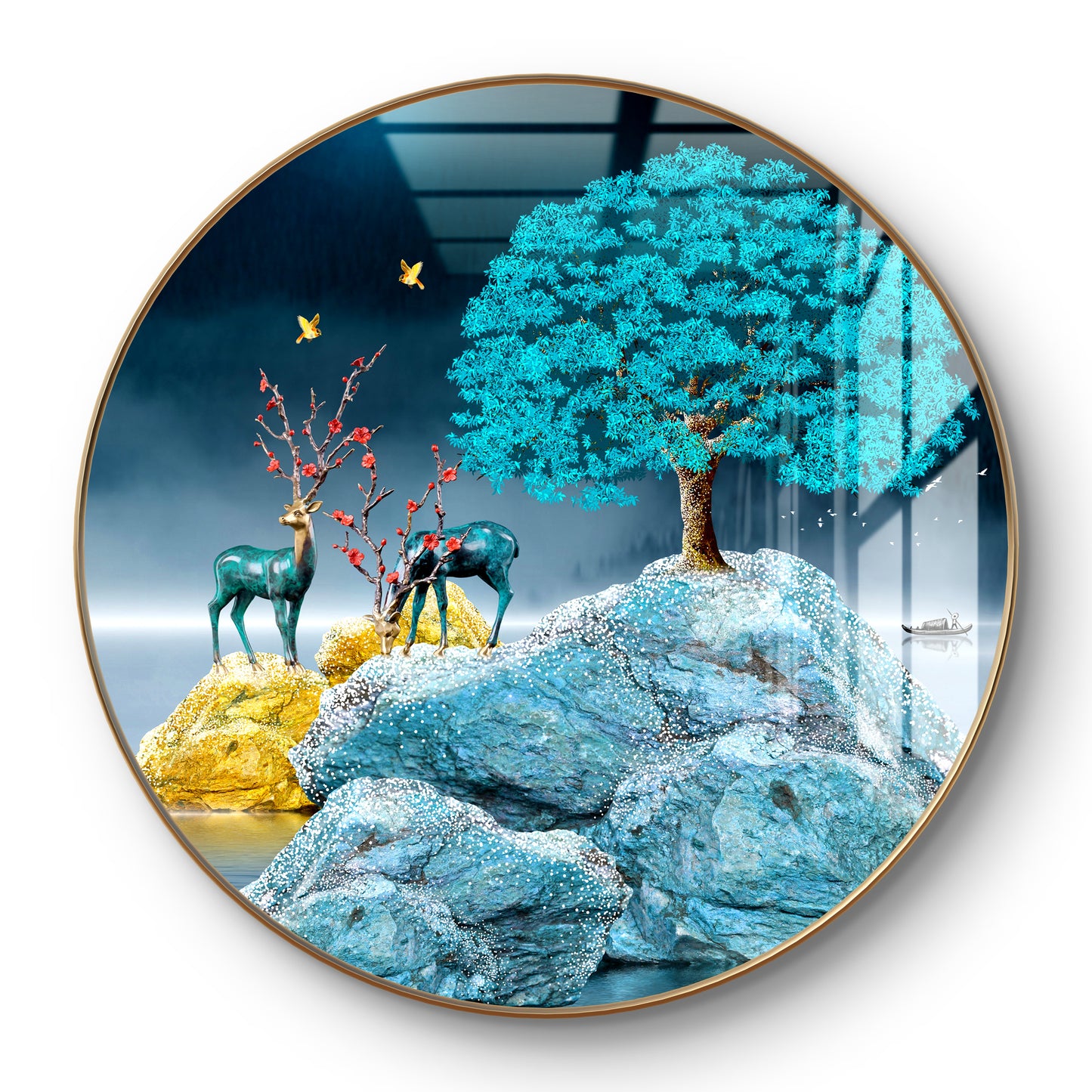 Round blue deer & tree aesthetic natural art crystal resin