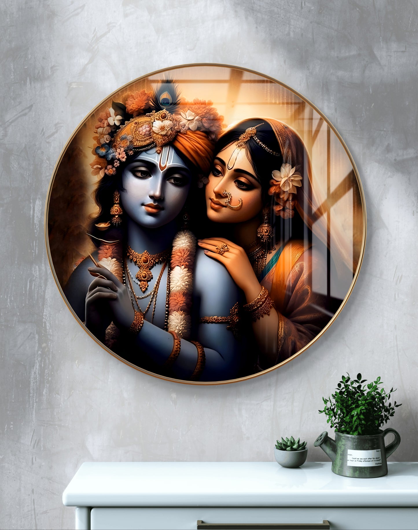 Round Radha Krishna painting crystal resin
