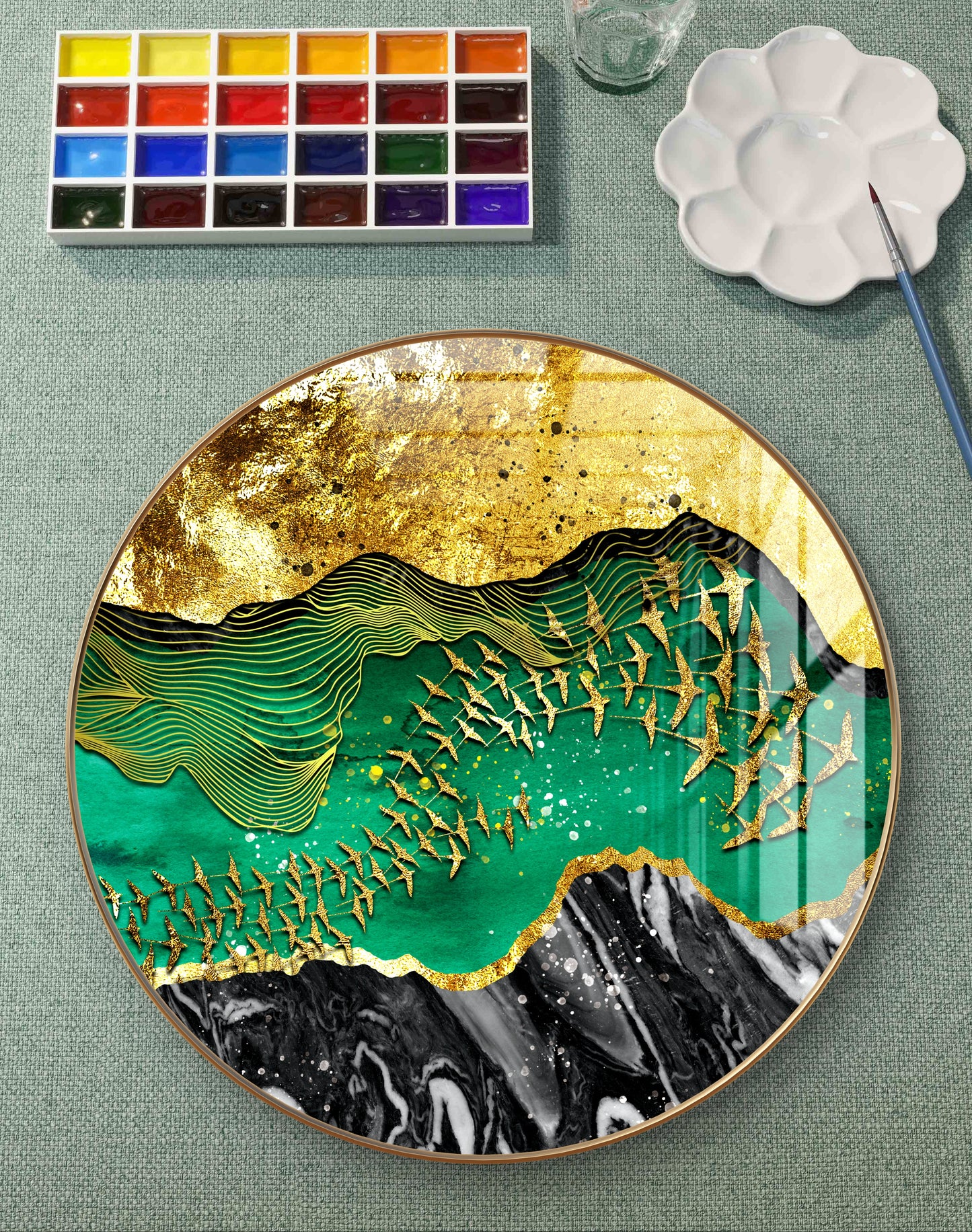 Round golden birds in three layered textured background