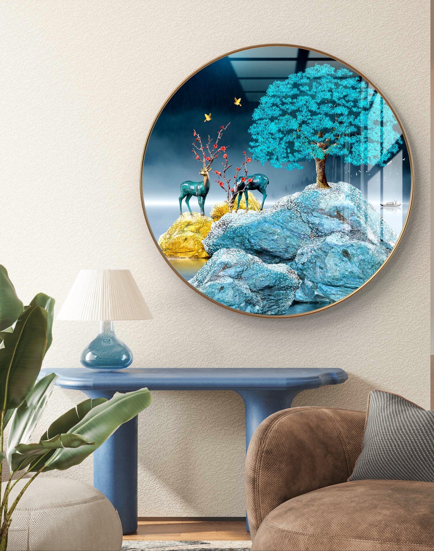 Round blue deer & tree aesthetic natural art crystal resin