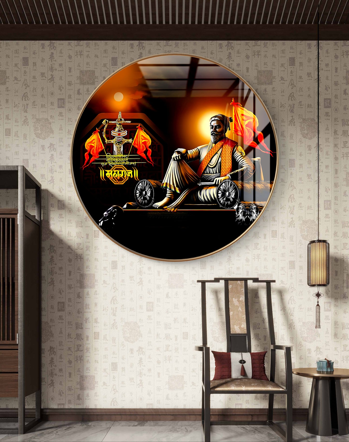 Round 3D cooper Shivaji statue painting crystal resin