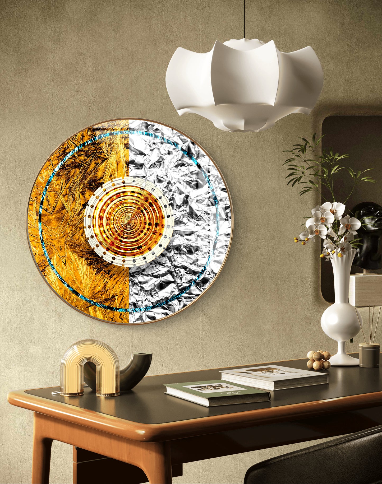 Round golden & white paper abstract art crystal resin