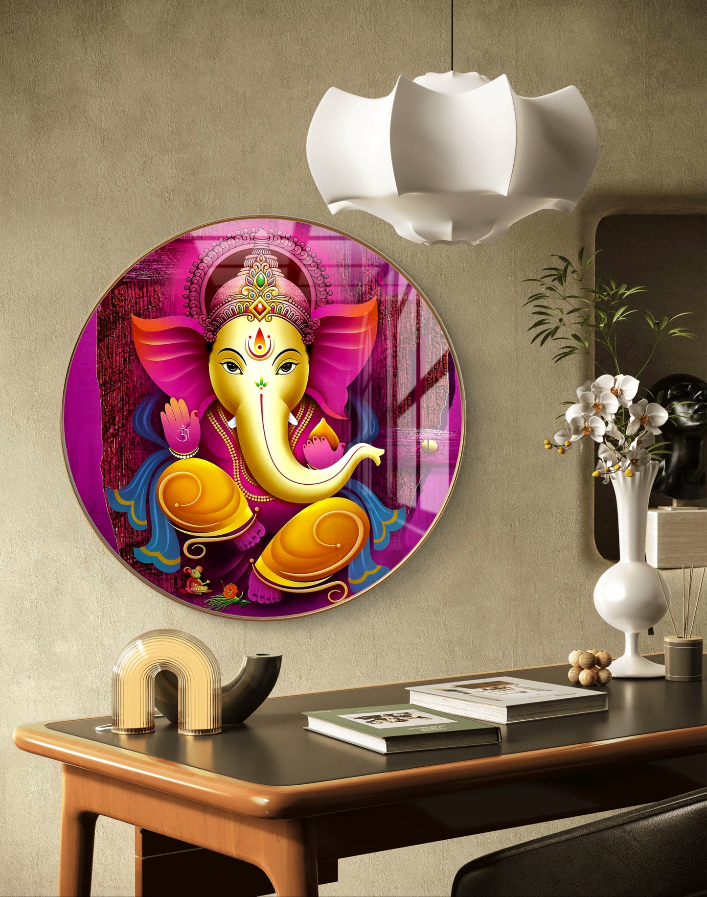 Round pink ganpati painting crystal resin