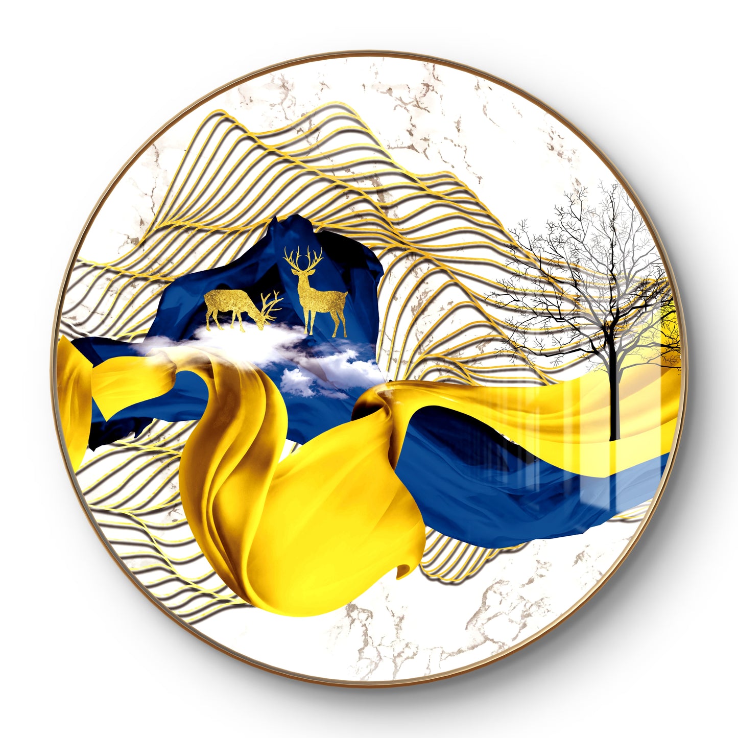 Round golden blue waves with deer crystal resin