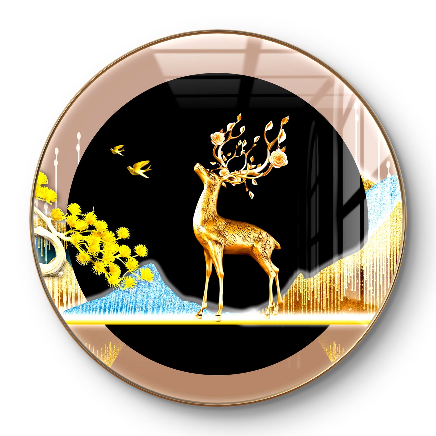 Round gold aesthetic deer with mountains crystal resin