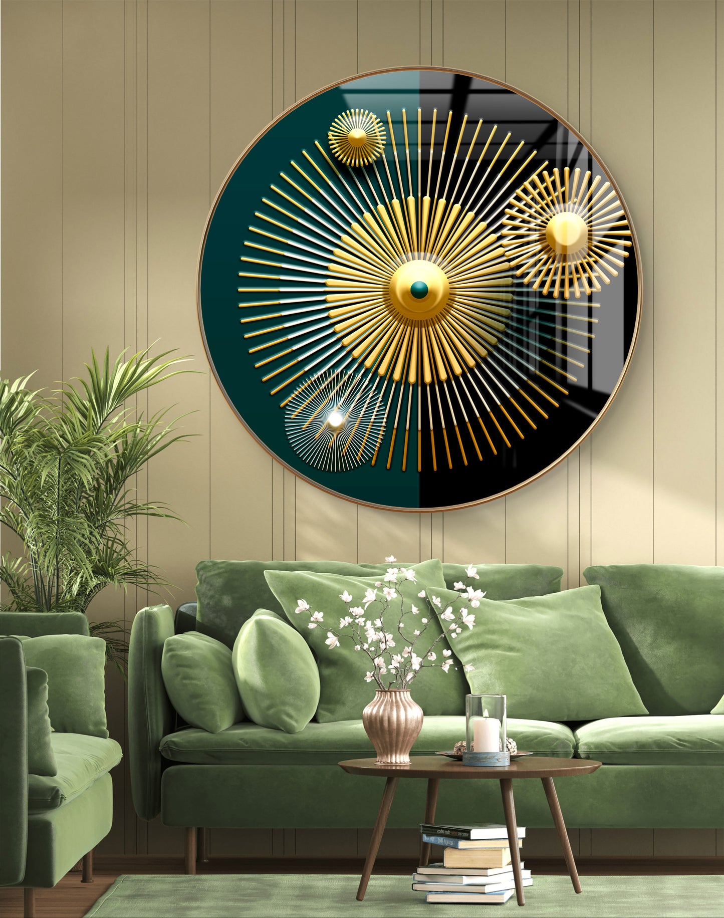 Round golden sphere lines abstract art crystal resin