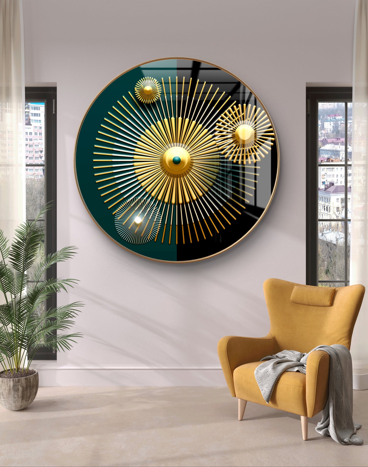 Round golden sphere lines abstract art crystal resin