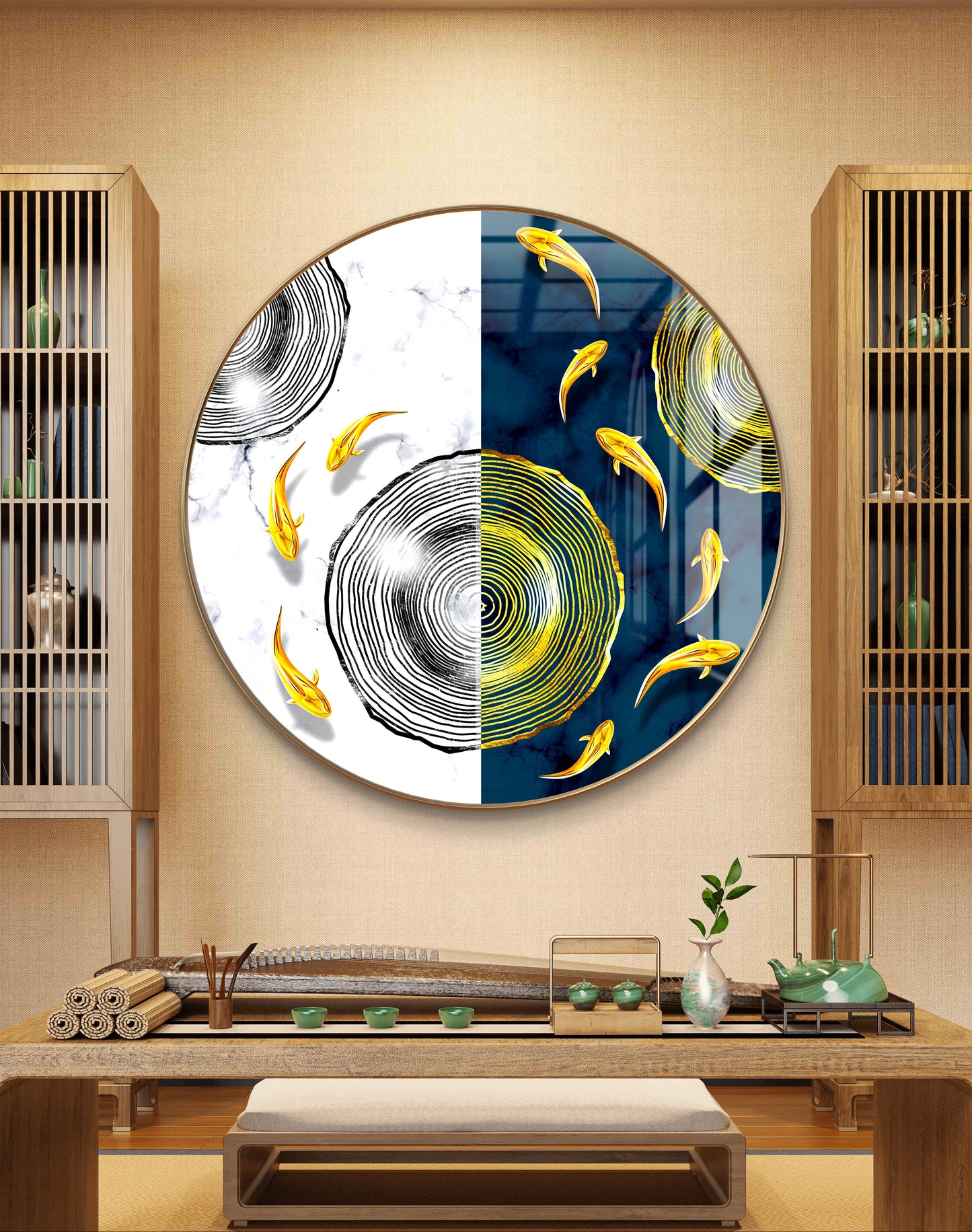 Round golden fish in blue & white background crystal resin