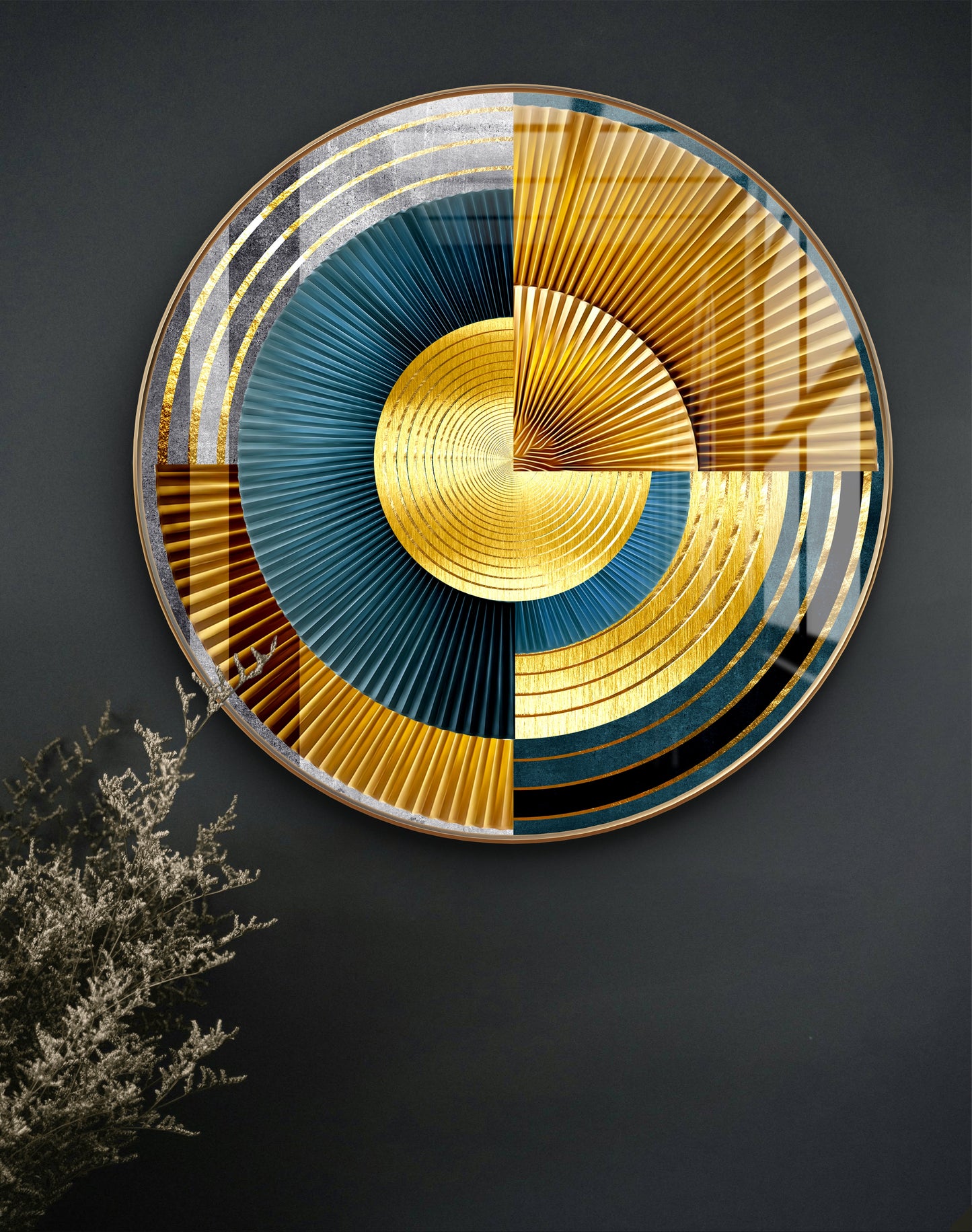 Round pizza cut golden & blue spheres abstract art crystal resin