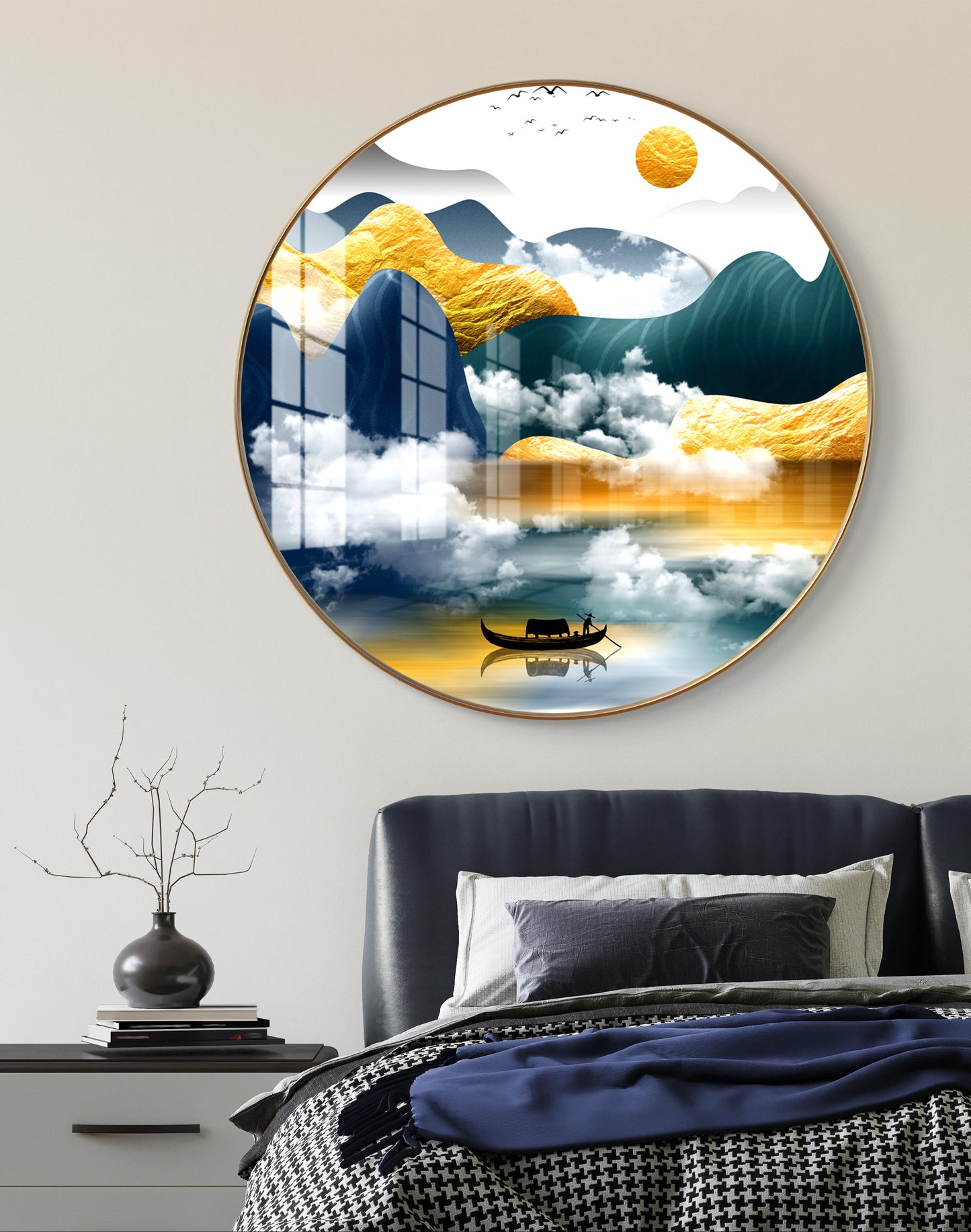 Round yellow & blue mountains landscape crystal resin