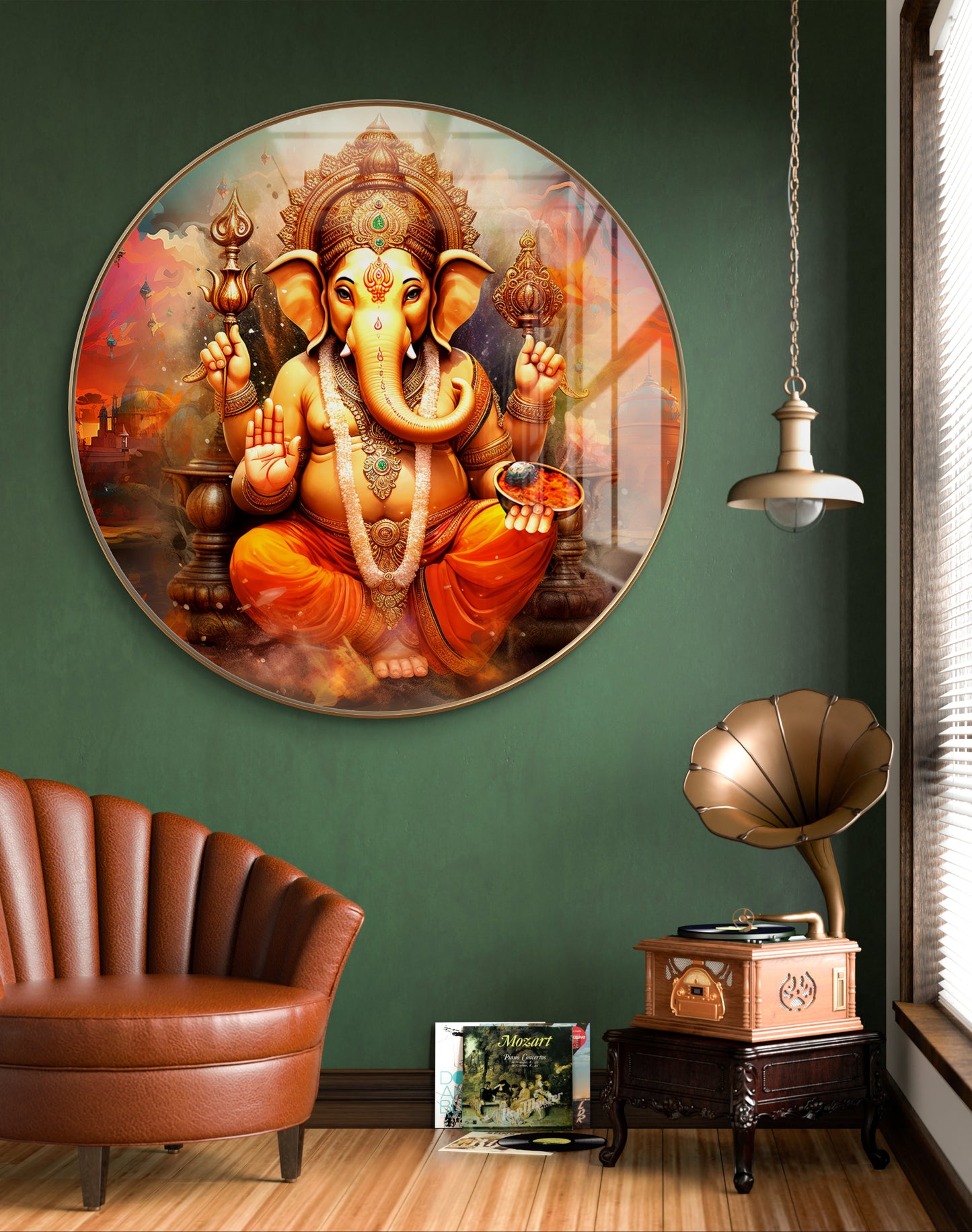 Round orange ganpati painting crystal resin