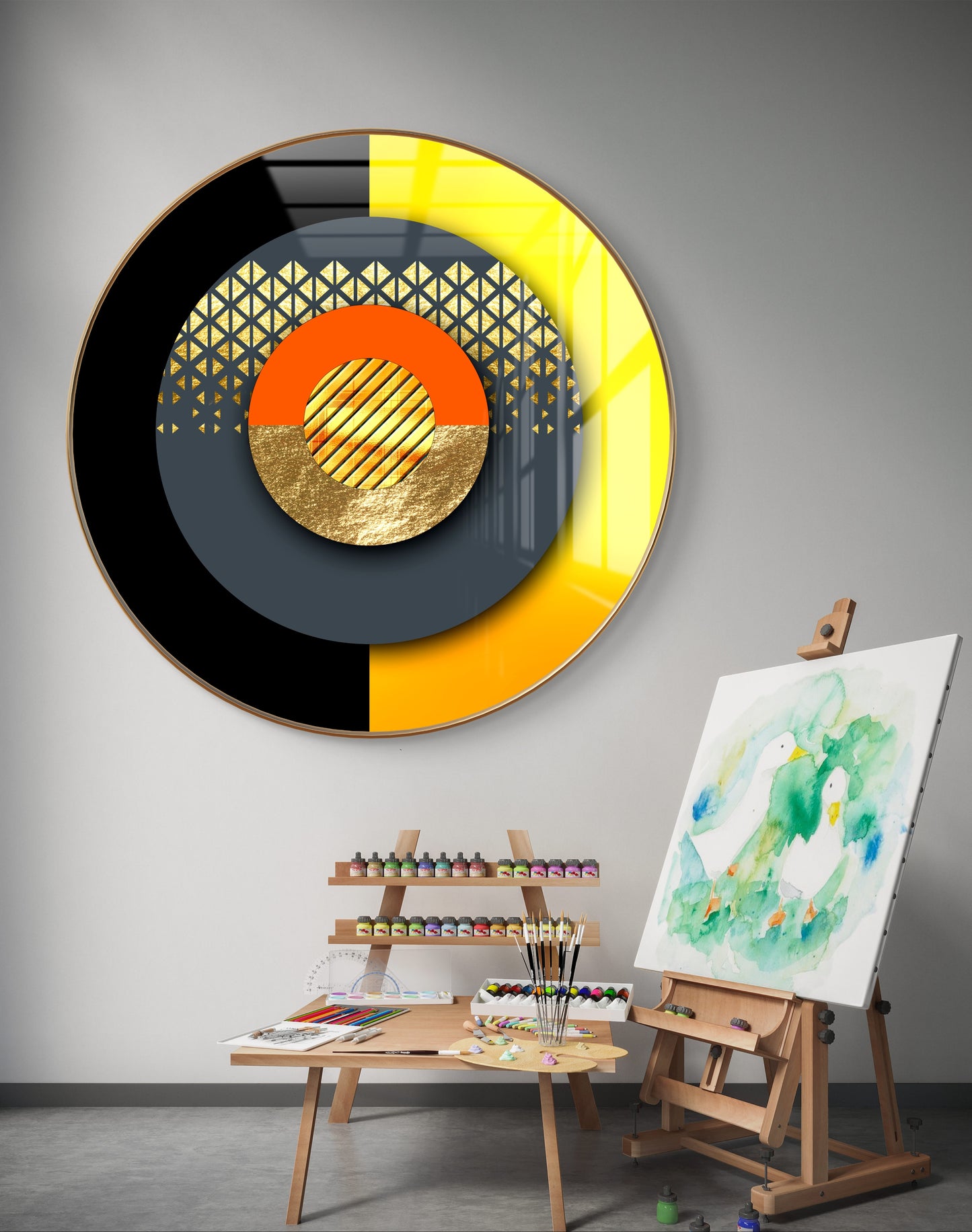 Round circle lines black & gold abstract crystal resin