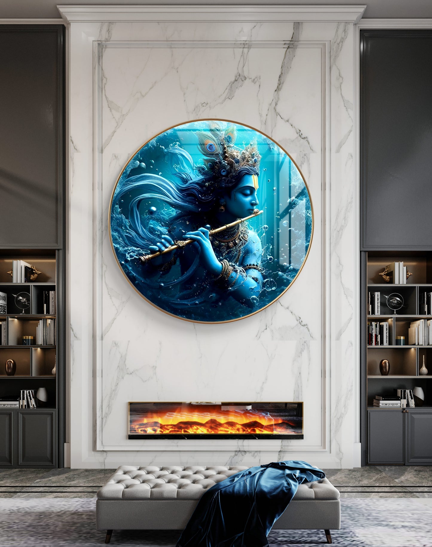 Round Krishna playing flute in ocean blue shades crystal resin