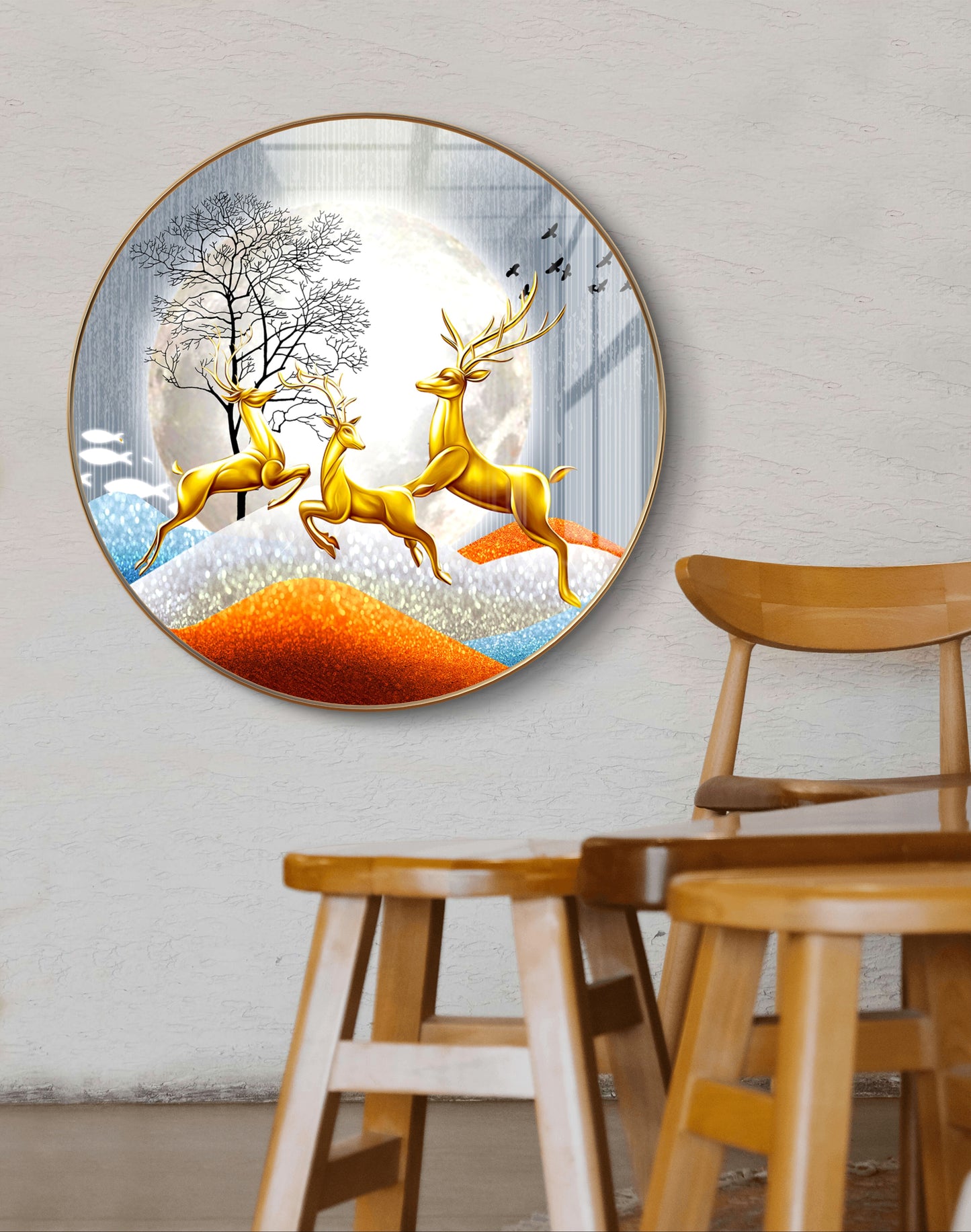 Round three 3D deer jumping to the sky crystal resin