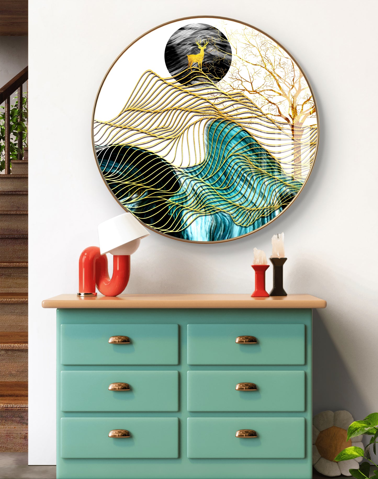 Round golden waves & deer crystal resin