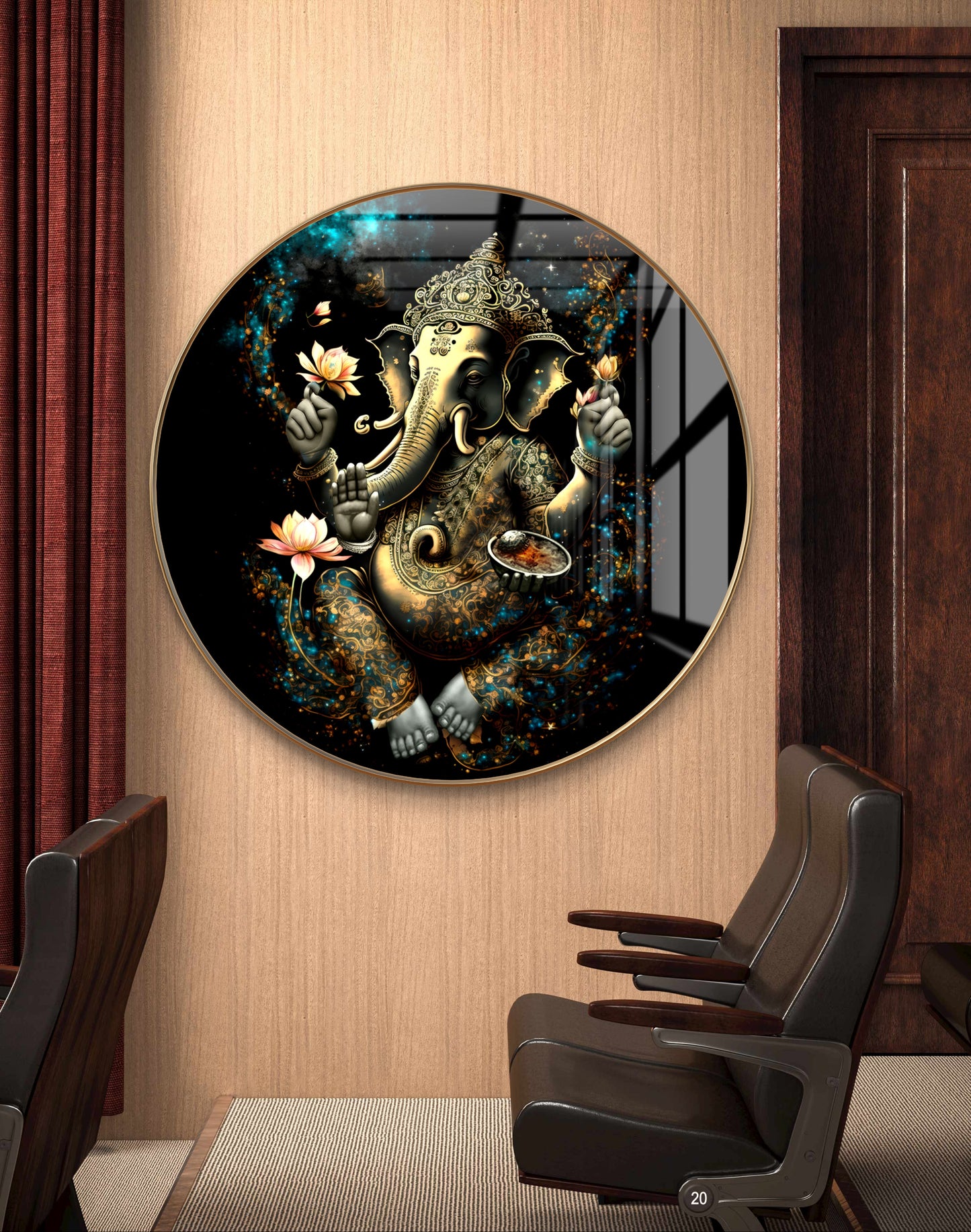 Round golden ganpati in black background crystal resin