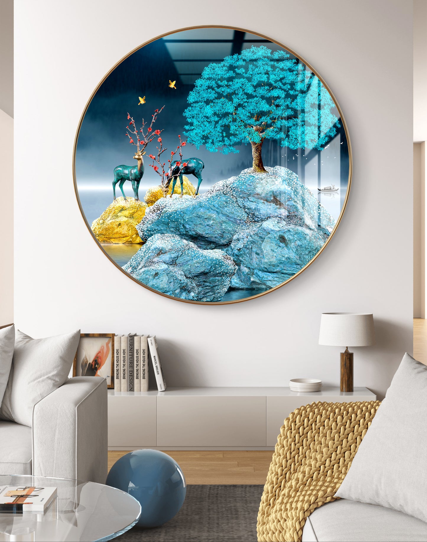 Round blue deer & tree aesthetic natural art crystal resin