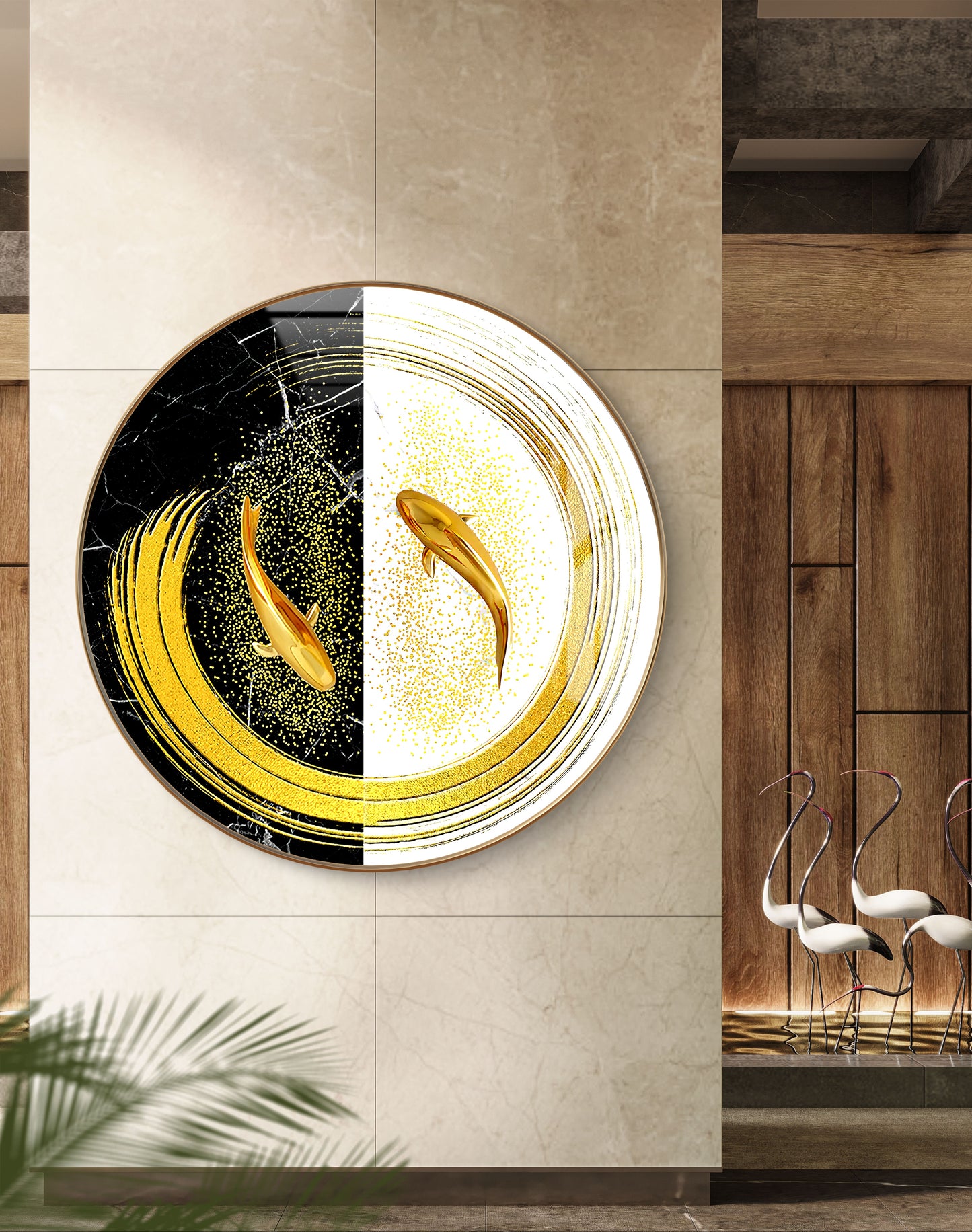 Round golden fish yin Yang abstract art crystal resin