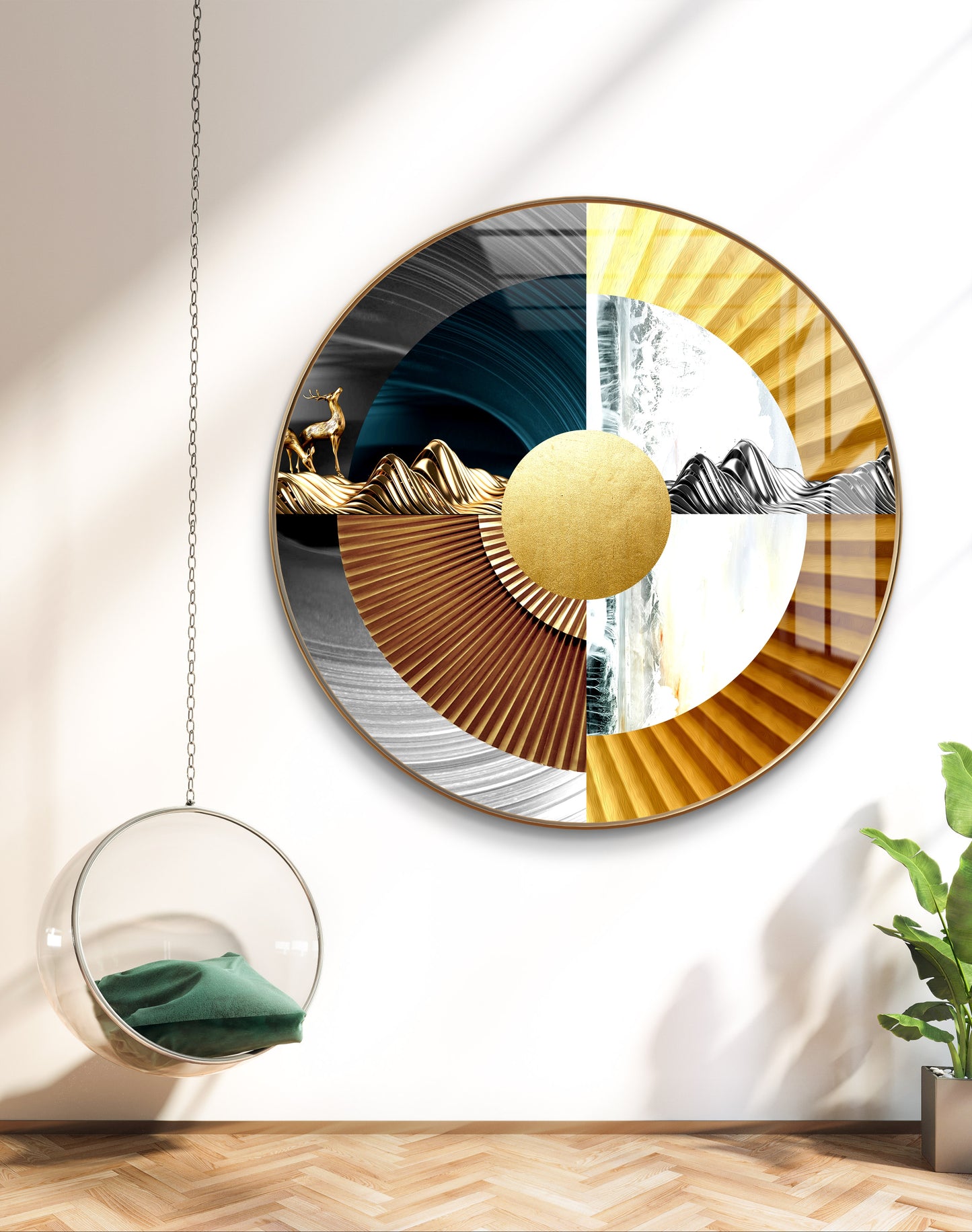 Round abstract spheres with golden deer crystal resin