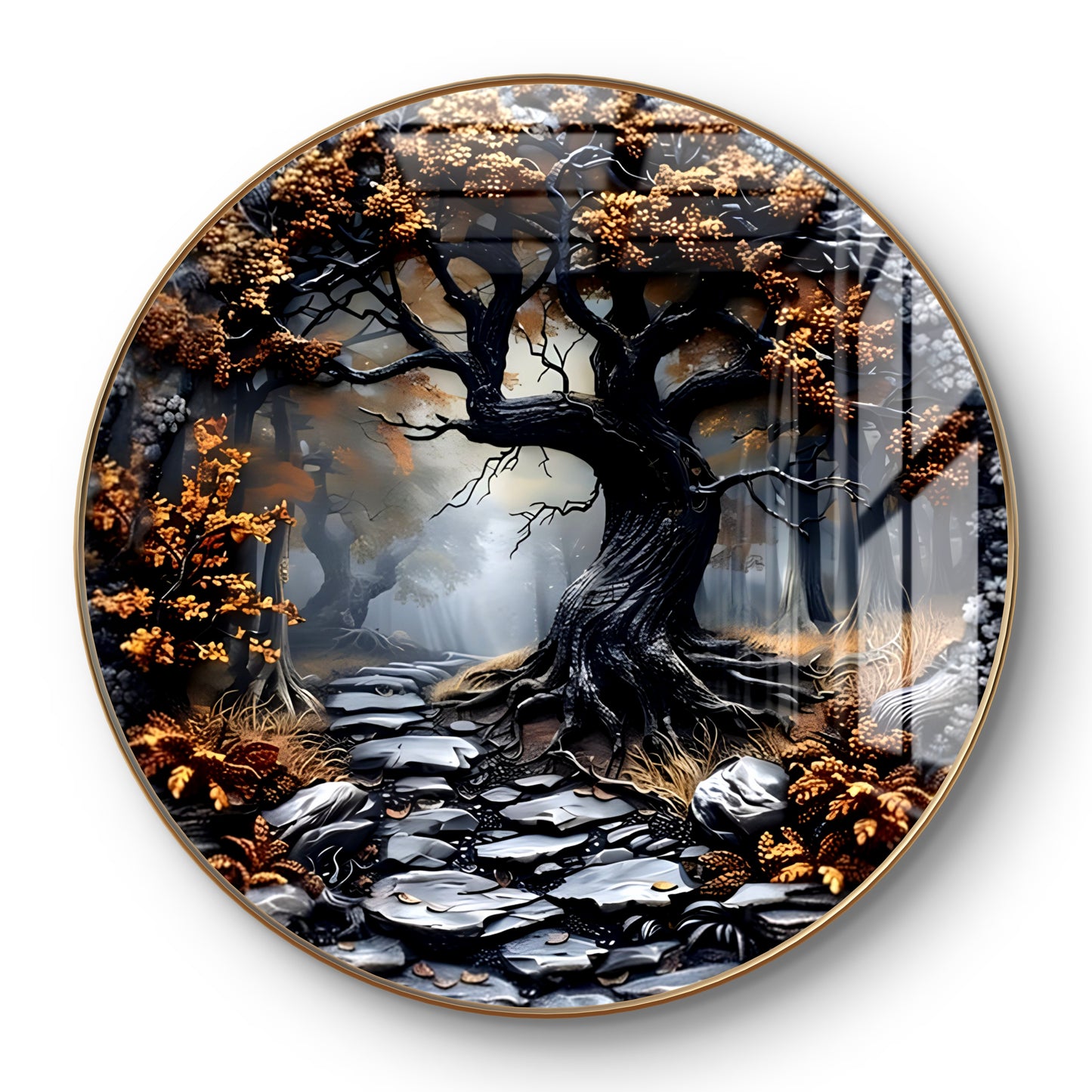 Round 3D golden tree crystal resin