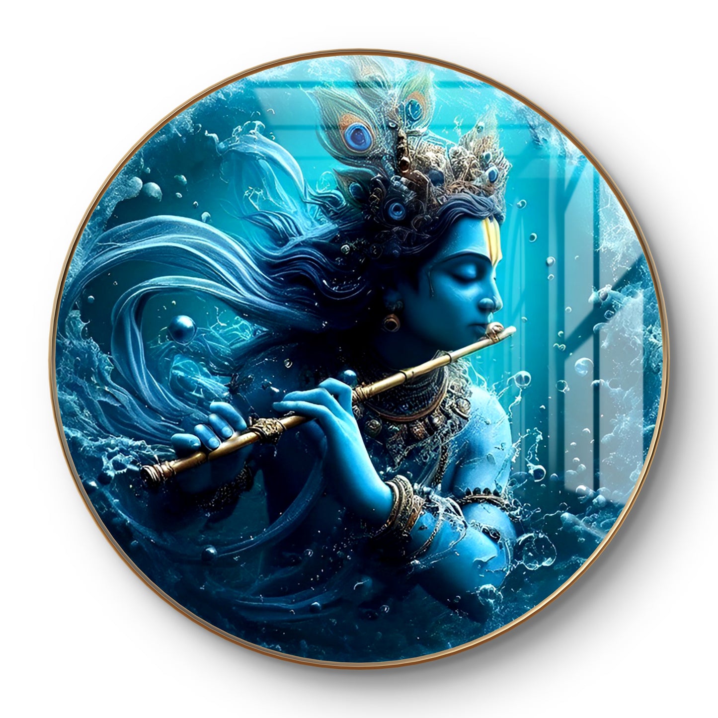 Round Krishna playing flute in ocean blue shades crystal resin