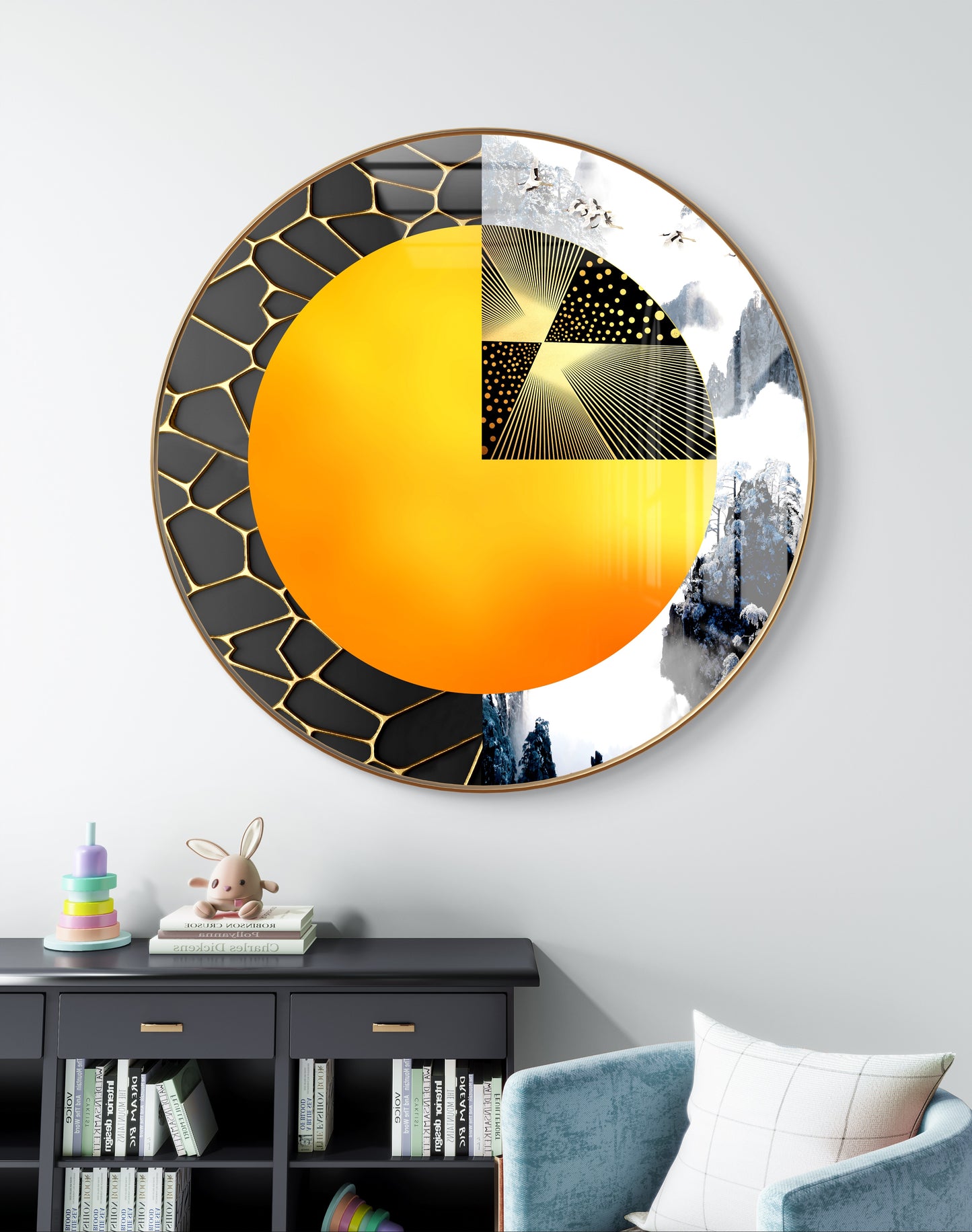 Round orange black and gold abstract art crystal resin