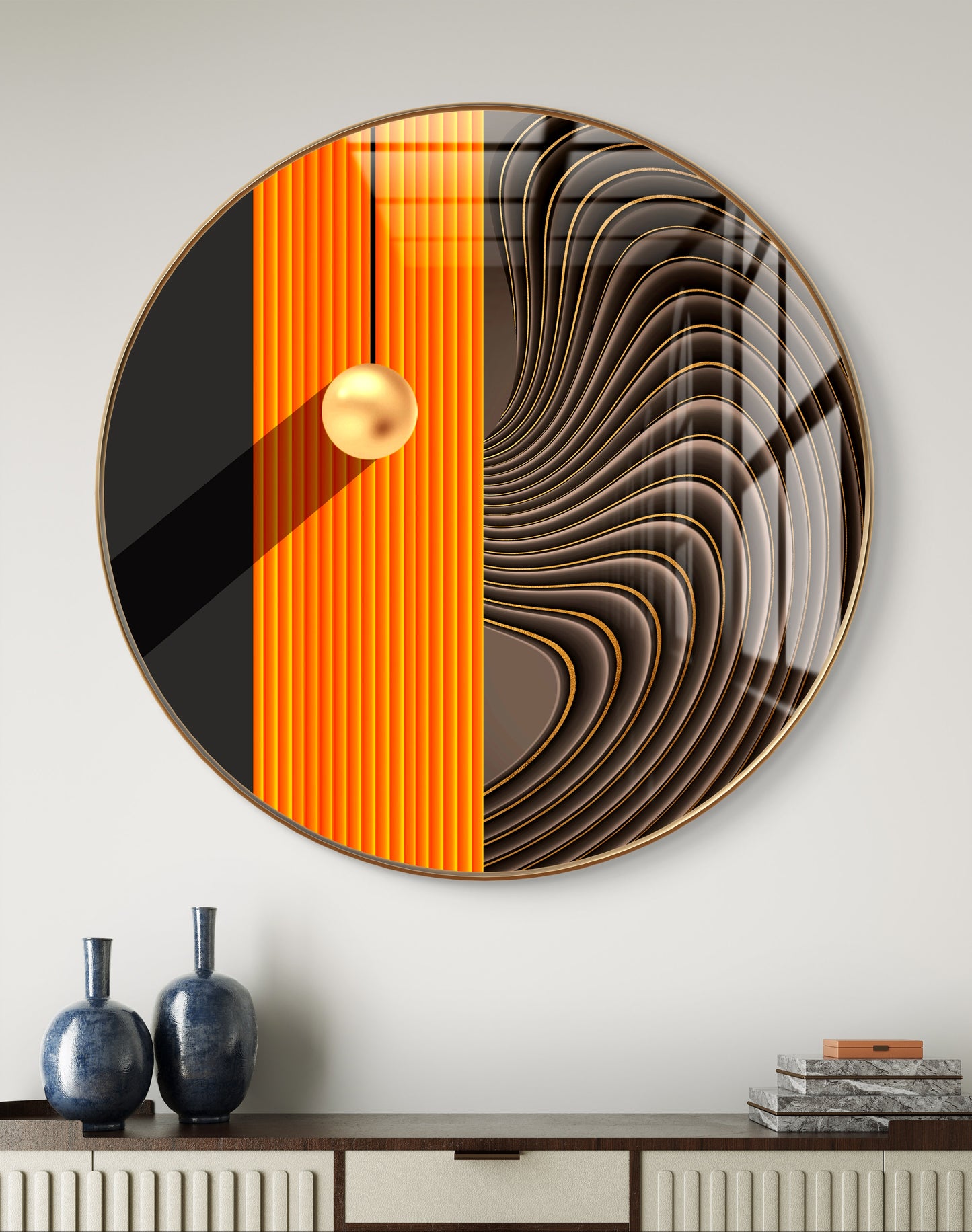 Round golden ball in orange & brown stripes background crystal resin