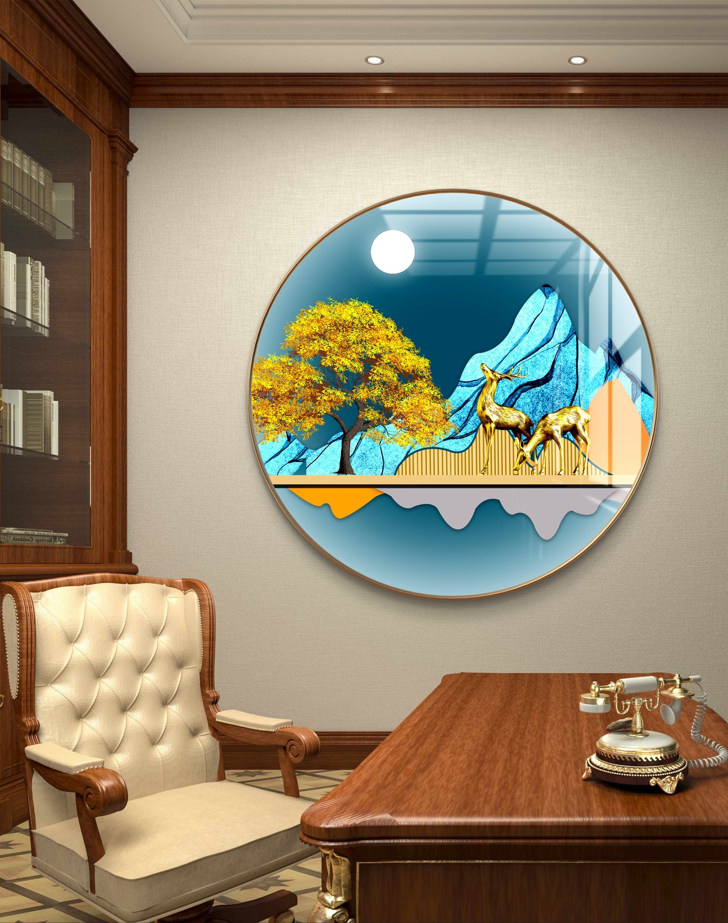 Round two gold deer with moon and mountains in blue background crystal resin