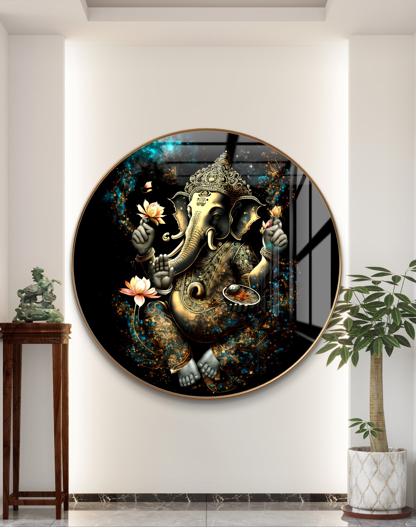 Round golden ganpati in black background crystal resin