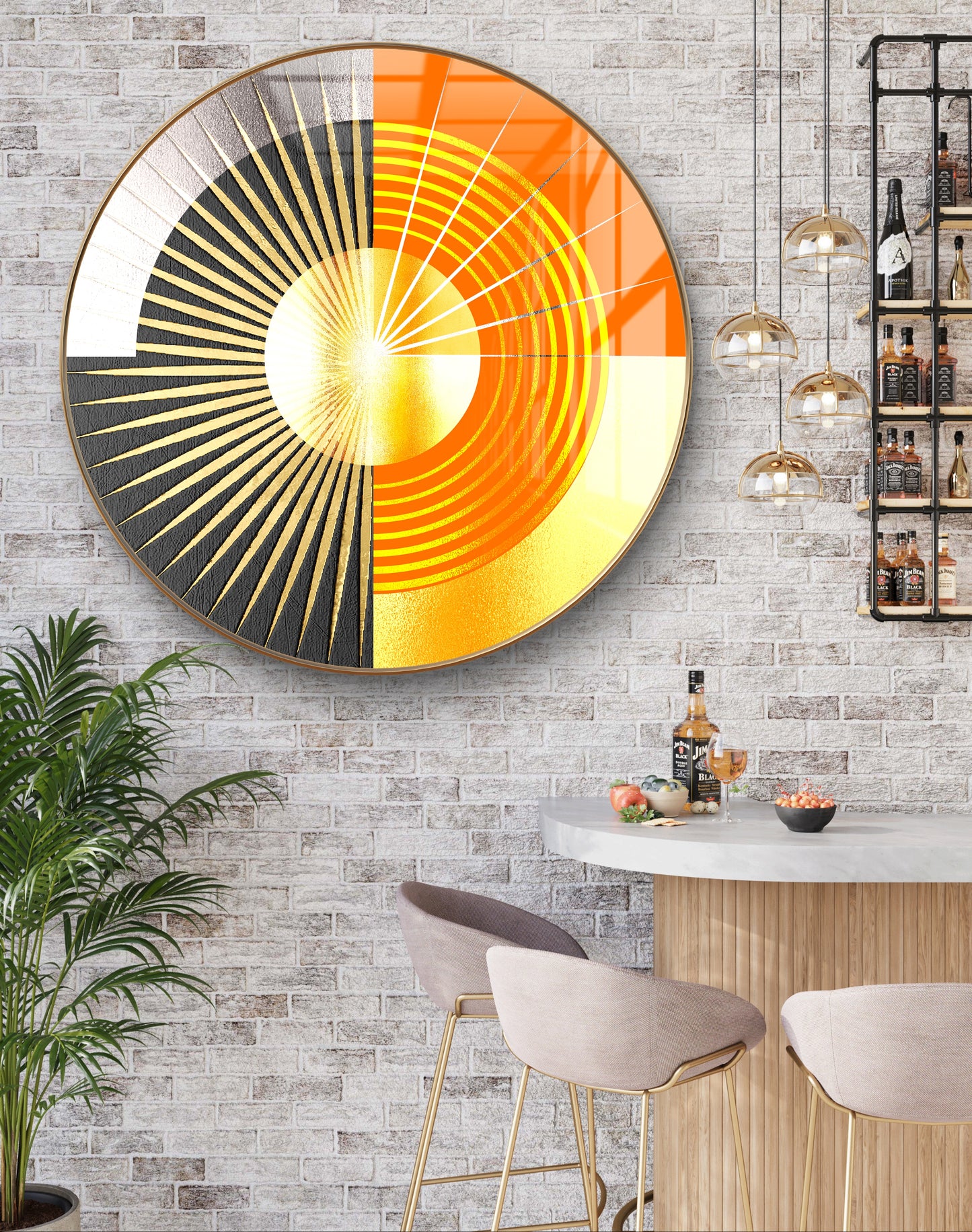 Round orange black & gold abstract crystal resin