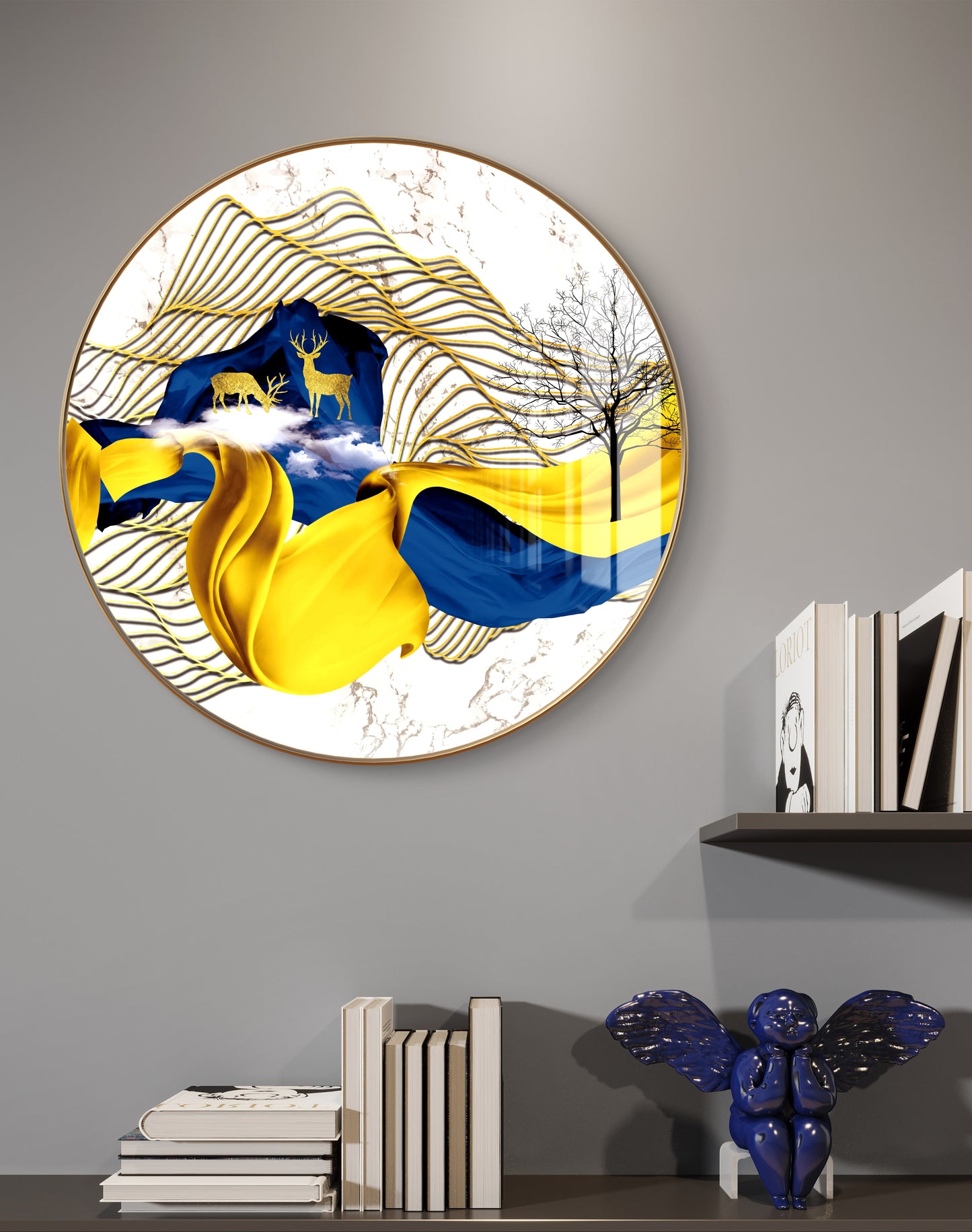 Round golden blue waves with deer crystal resin