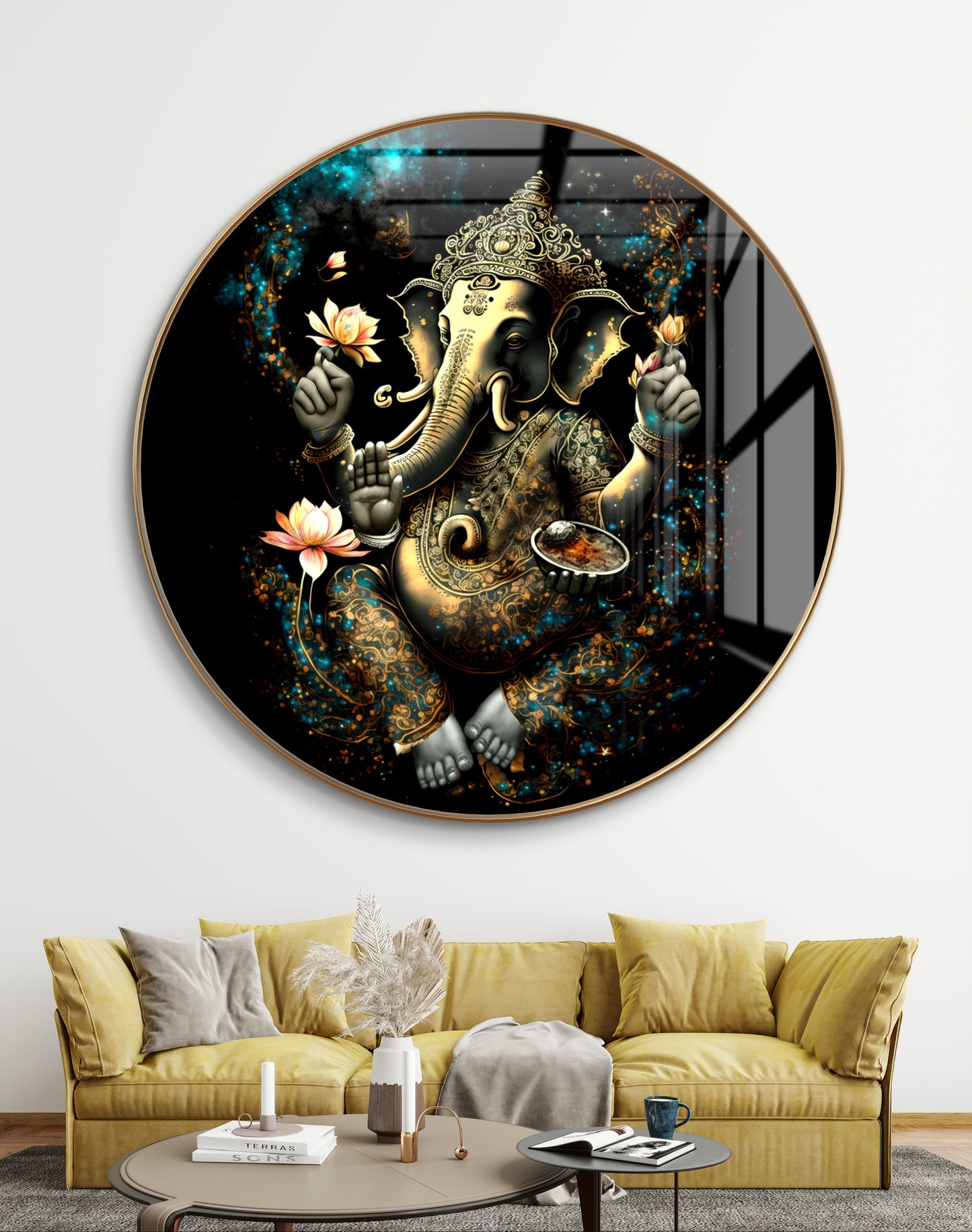 Round golden ganpati in black background crystal resin