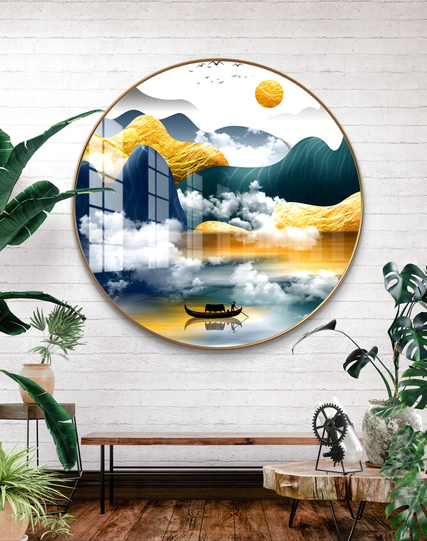 Round yellow & blue mountains landscape crystal resin