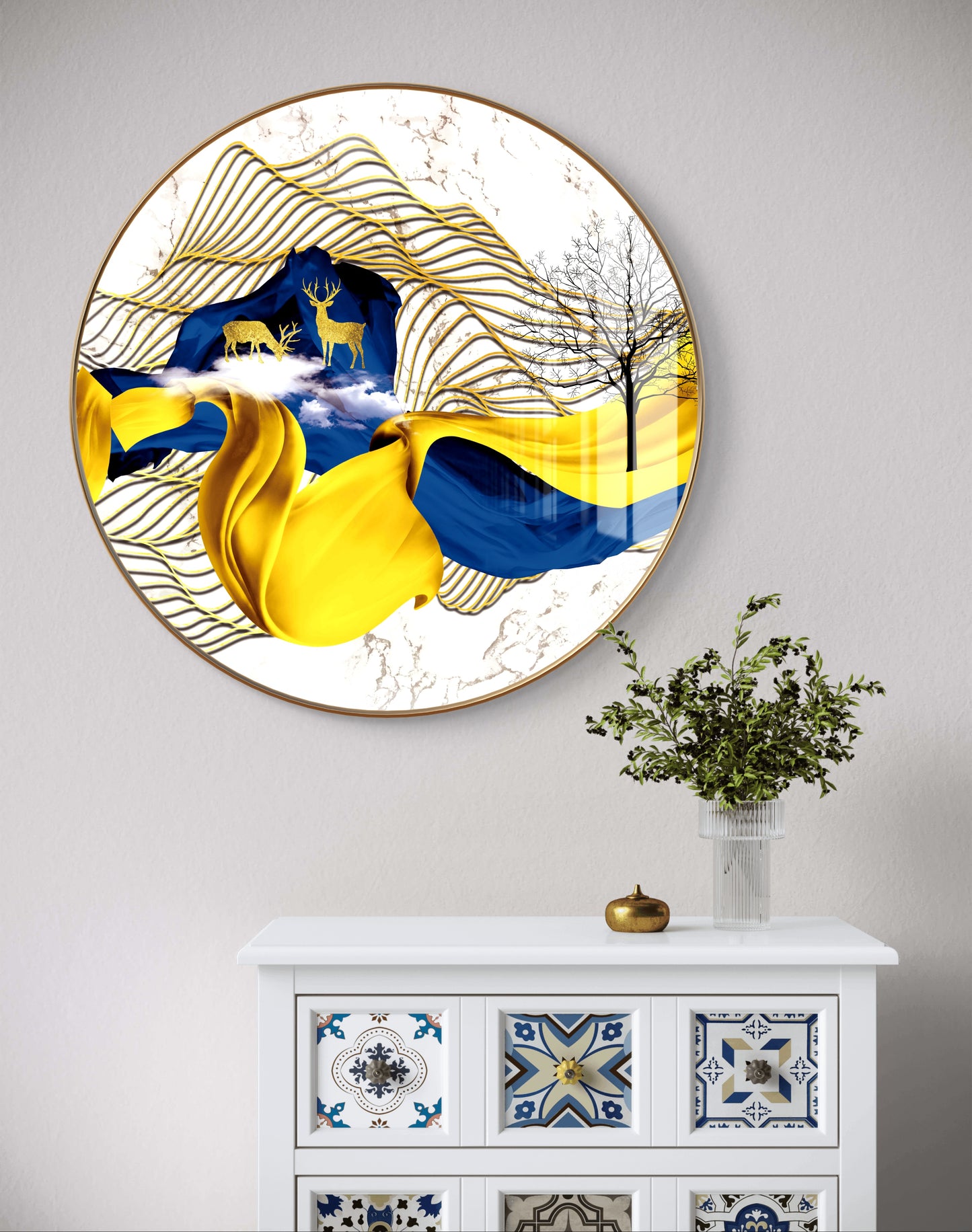 Round golden blue waves with deer crystal resin