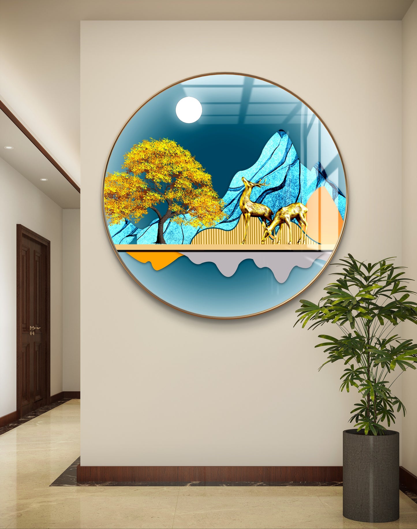 Round two gold deer with moon and mountains in blue background crystal resin