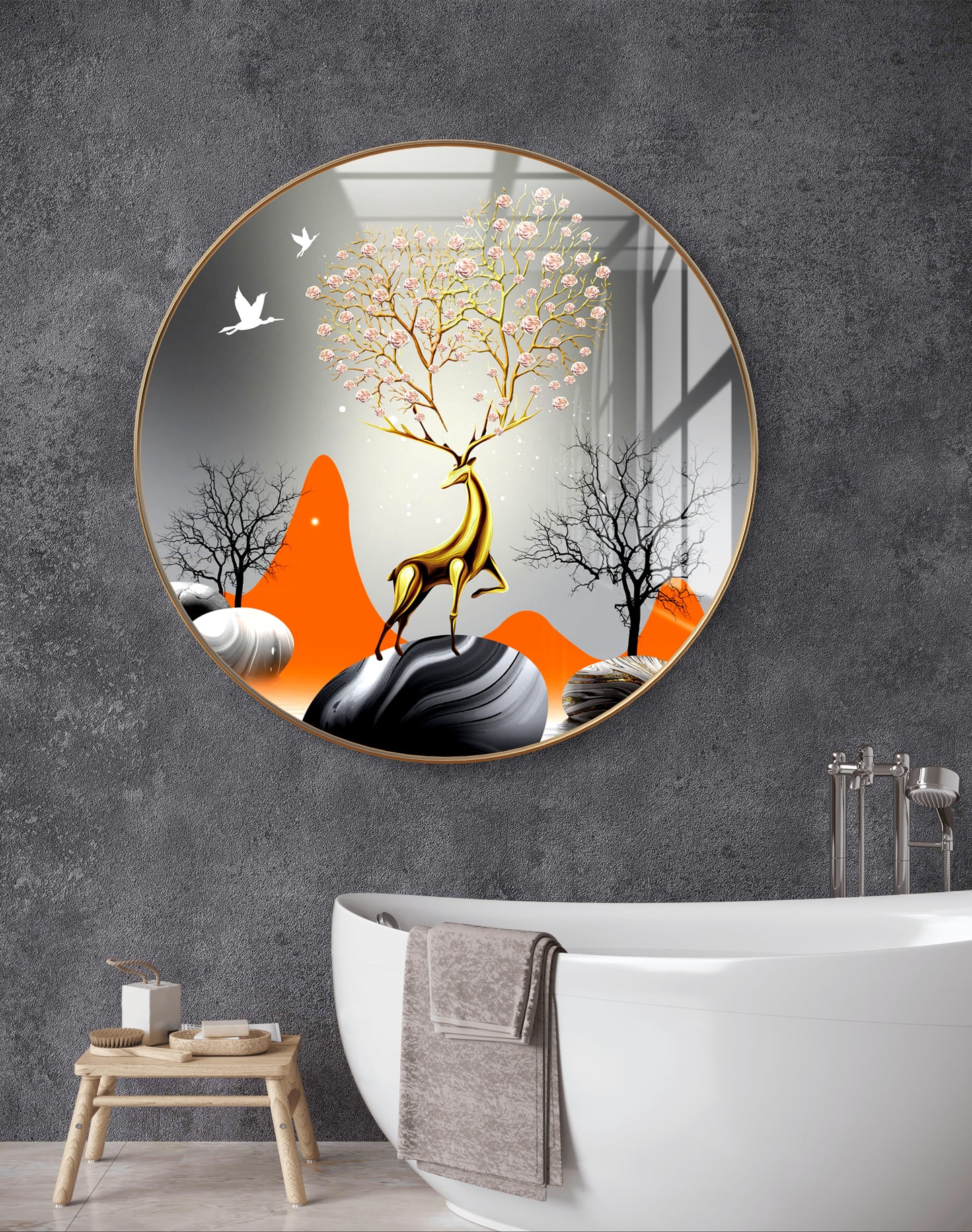 Round 3D gold deer with white birds crystal resin